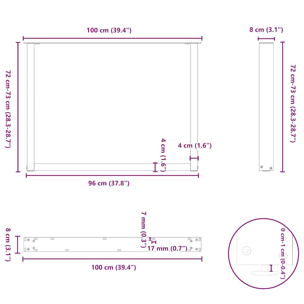 Spisebordben U-formet 3 Stk svart 100x(72-73) cm stål