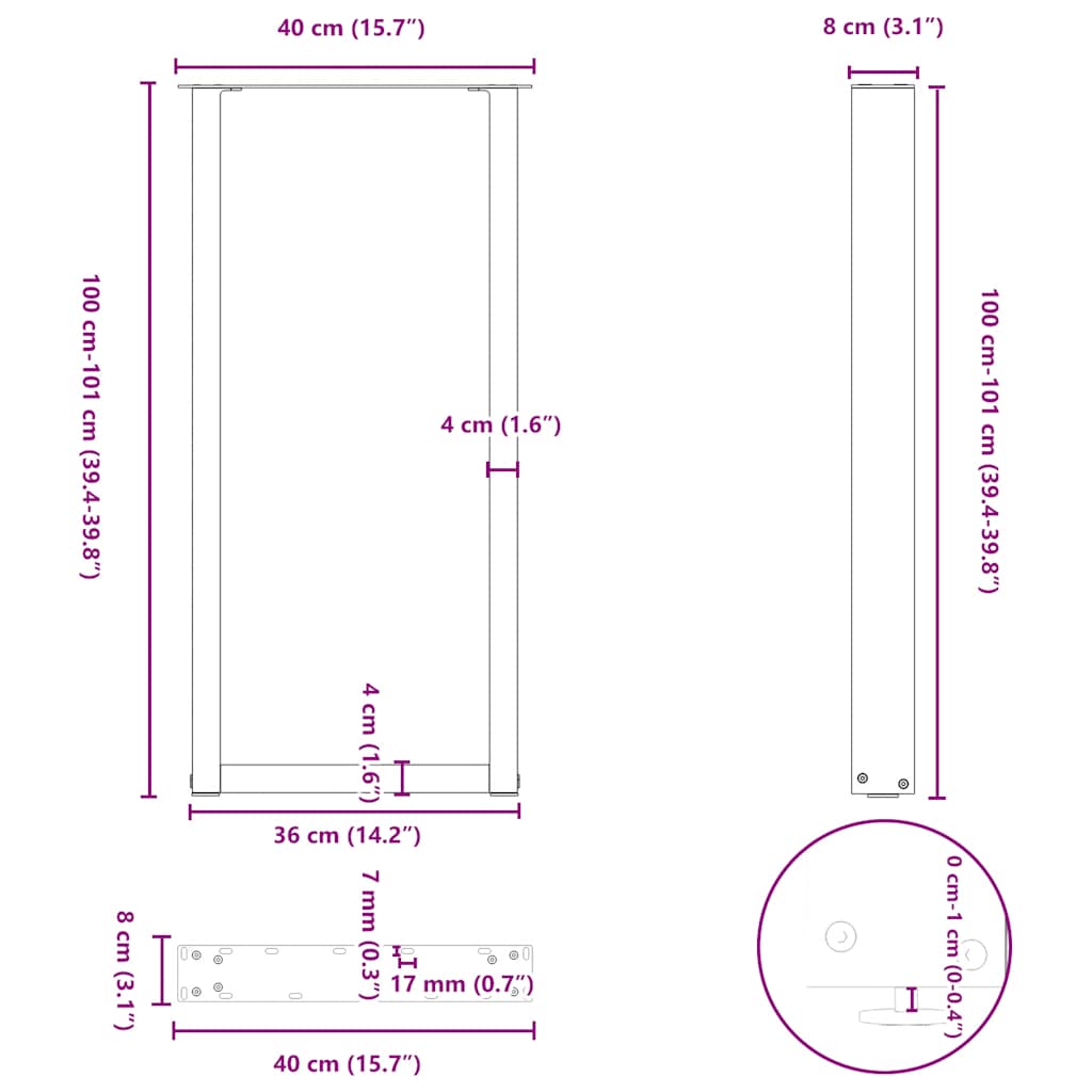 Barbordben U-formet 2 stk hvit 40x(100-101) cm stål
