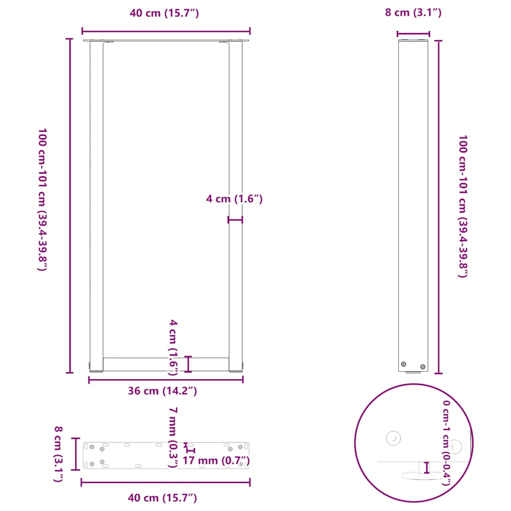 Barbordben U-formet 2 stk naturstål 40x(100-101) cm stål