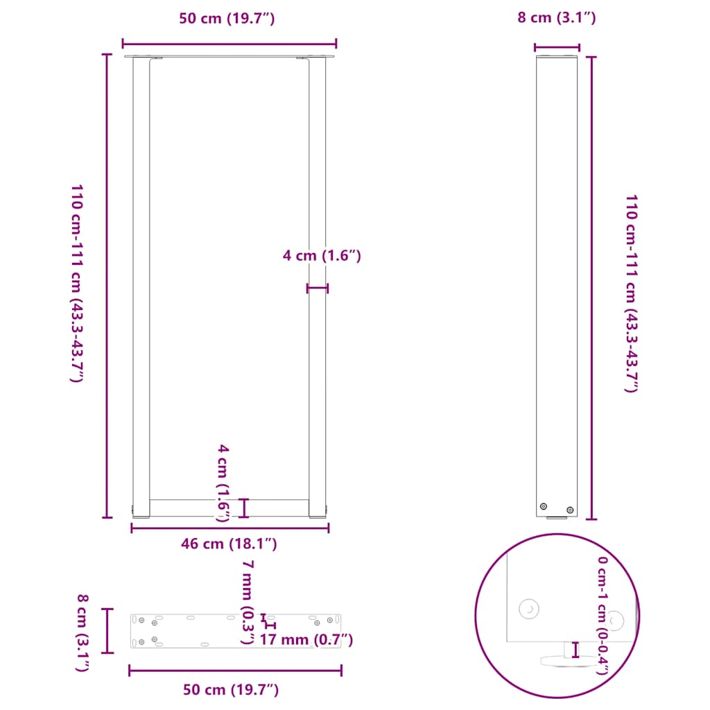 Barbordben U-formet 2 stk hvit 50x(110-111) cm stål
