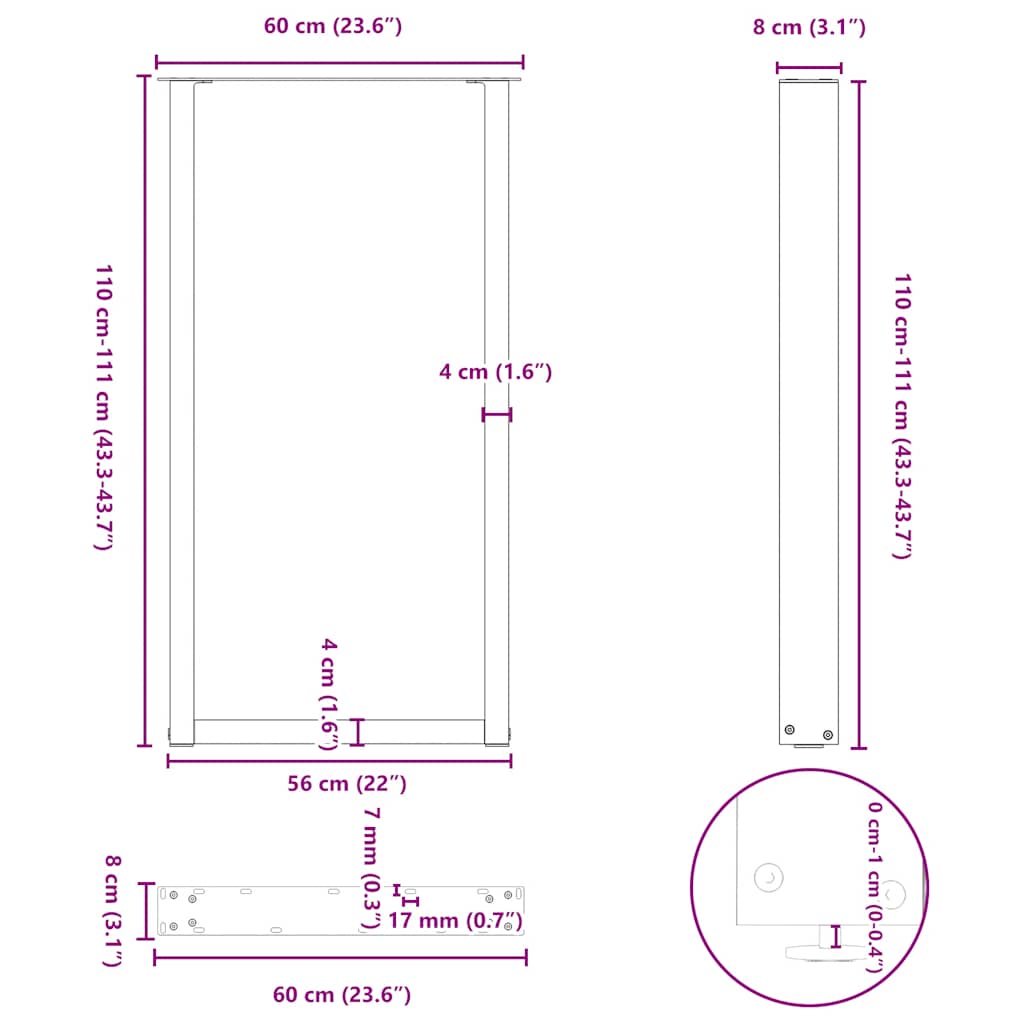 Barbordben U-formet 2 stk svart 60 x (110-111) cm stål