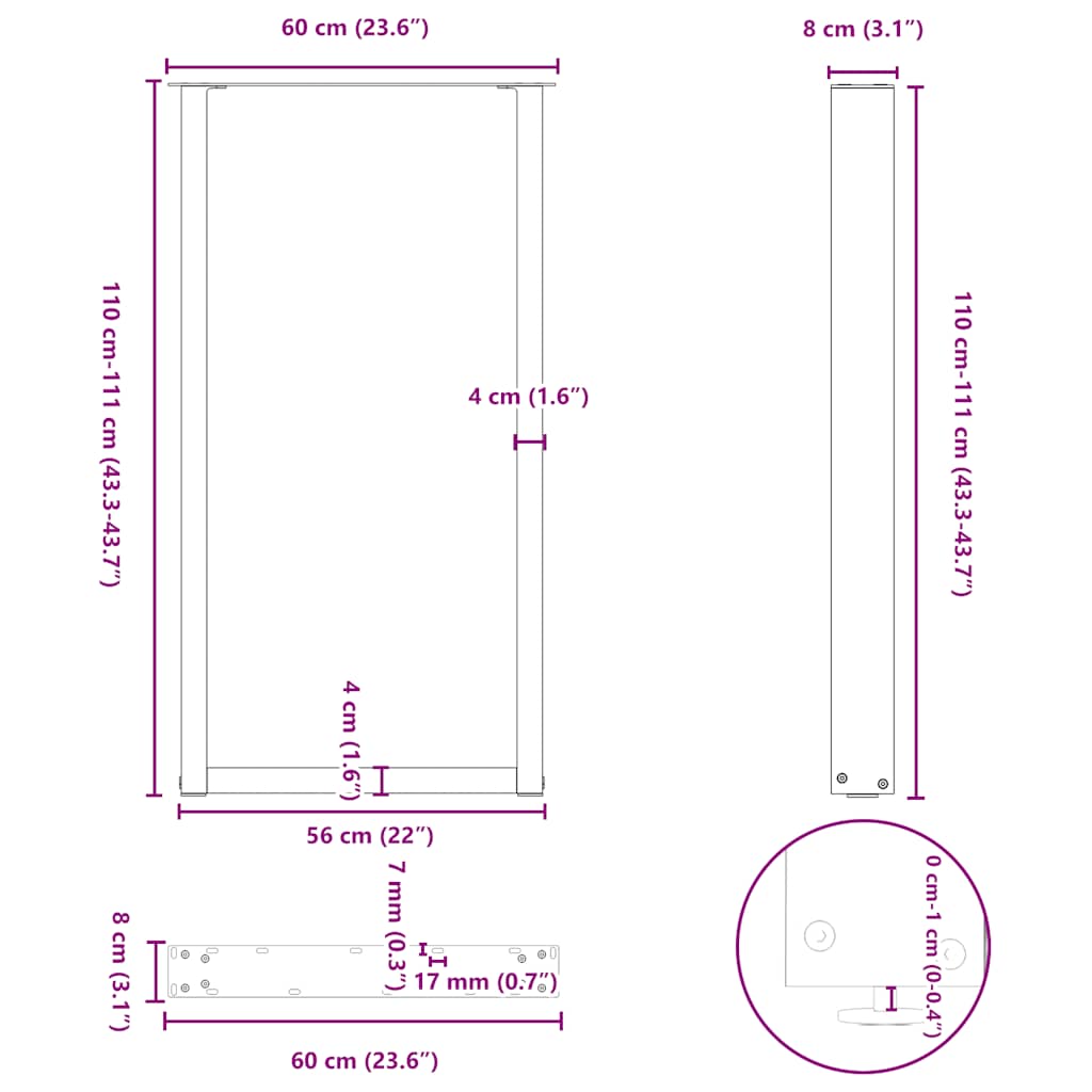 Barbordben U-formet 2 stk hvit 60 x (110-111) cm stål