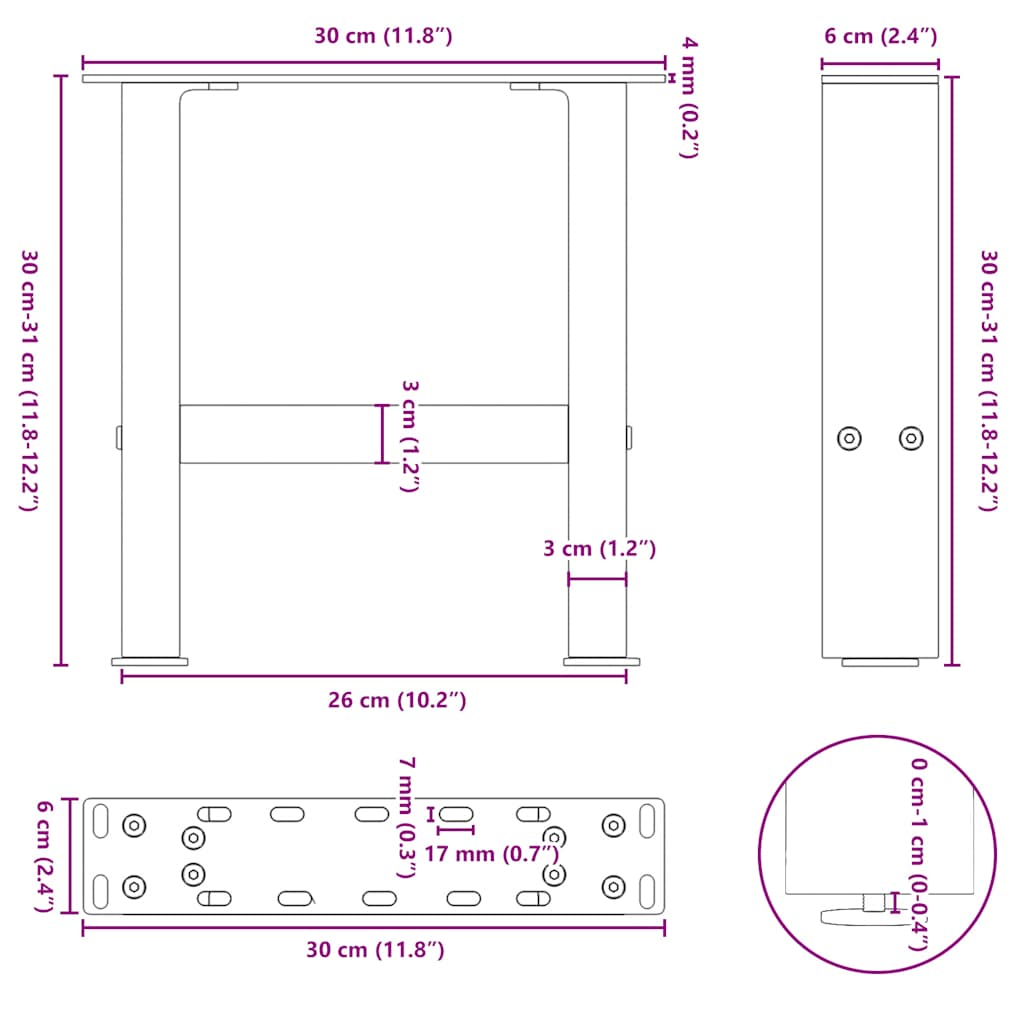 Salongbordben naturstål 2 stk 30x(30-31) cm stål