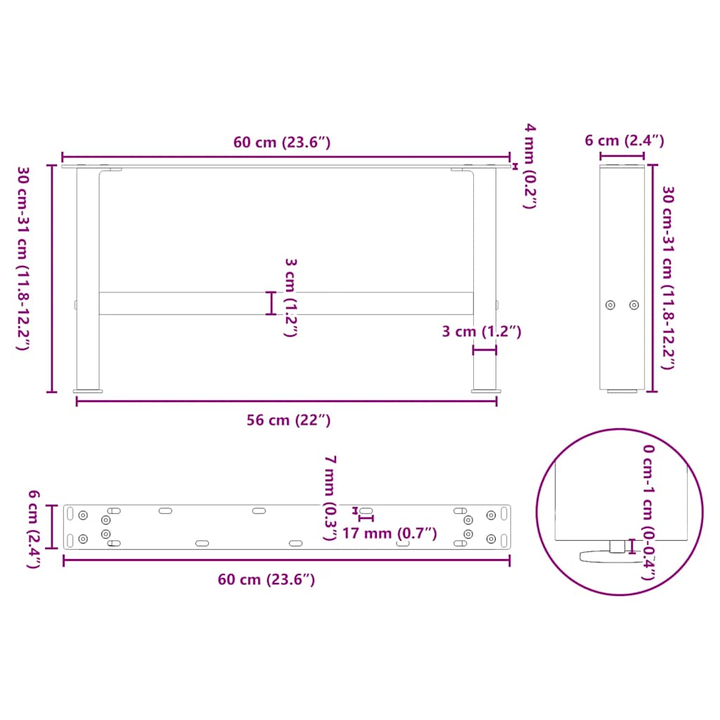 Salongbordben naturstål 2 stk 60x(30-31) cm stål
