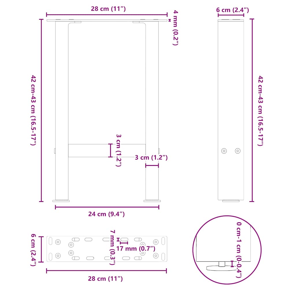 Salongbordben naturstål 2 stk 28 x (42-43) cm stål