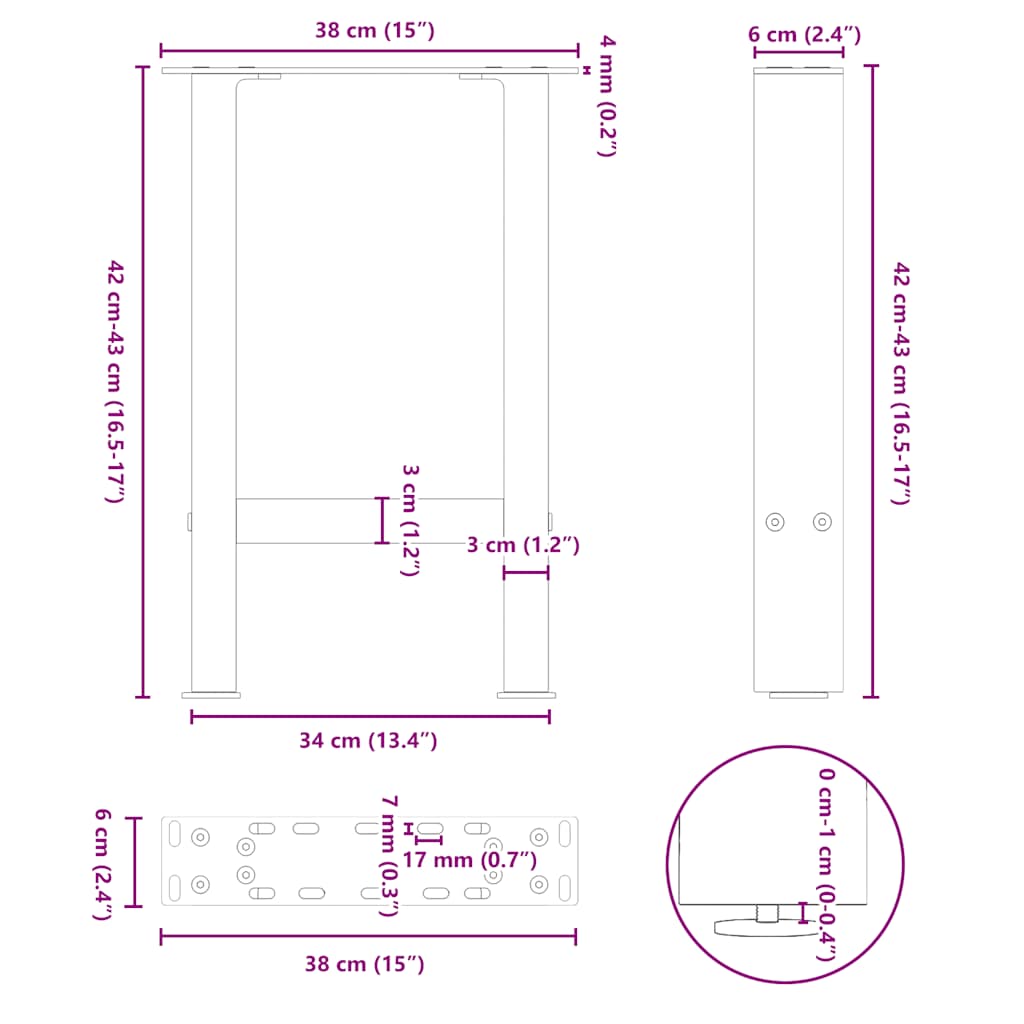 Salongbordben naturstål 2 stk 38 x (42-43) cm stål