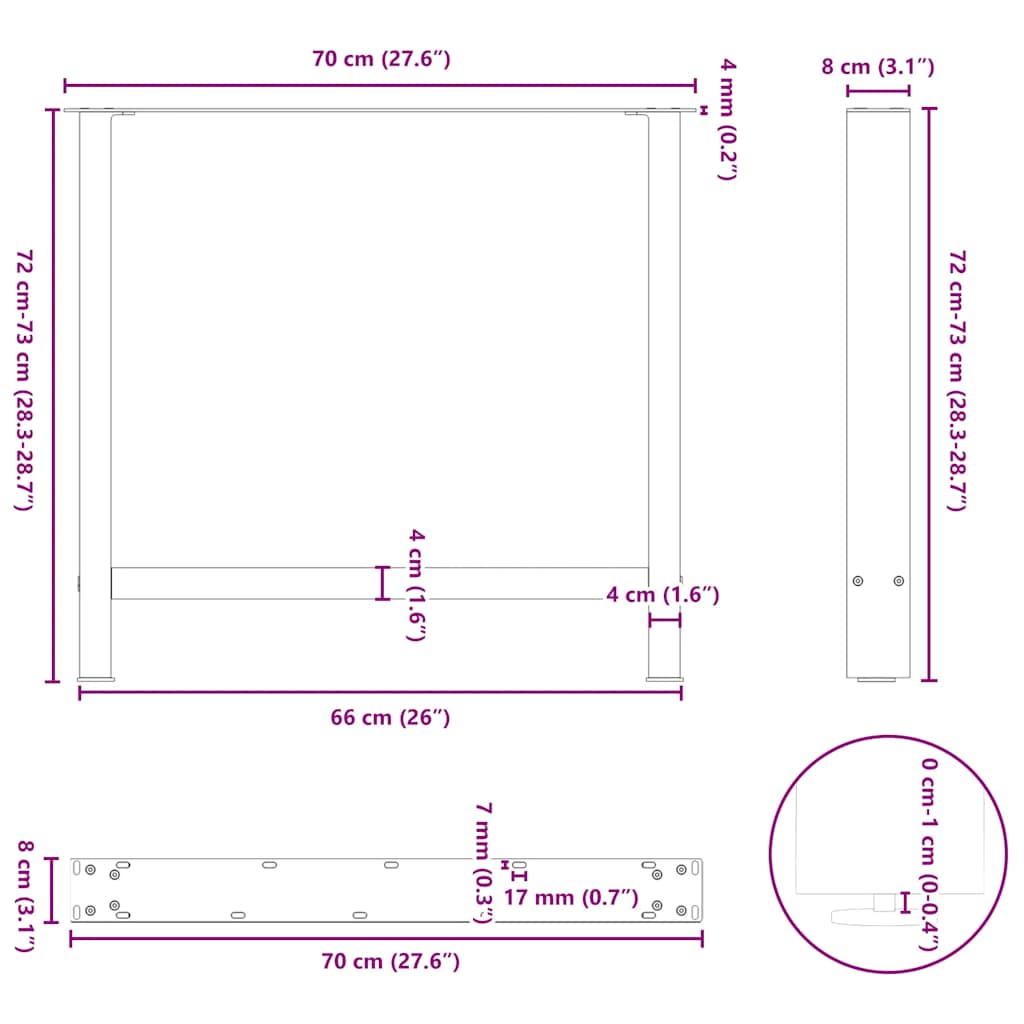 Spisebordben hvite 2 stk 70x(72-73) cm stål
