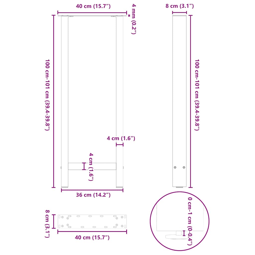 Barbordben hvite 2 stk 40x(100-101) cm stål