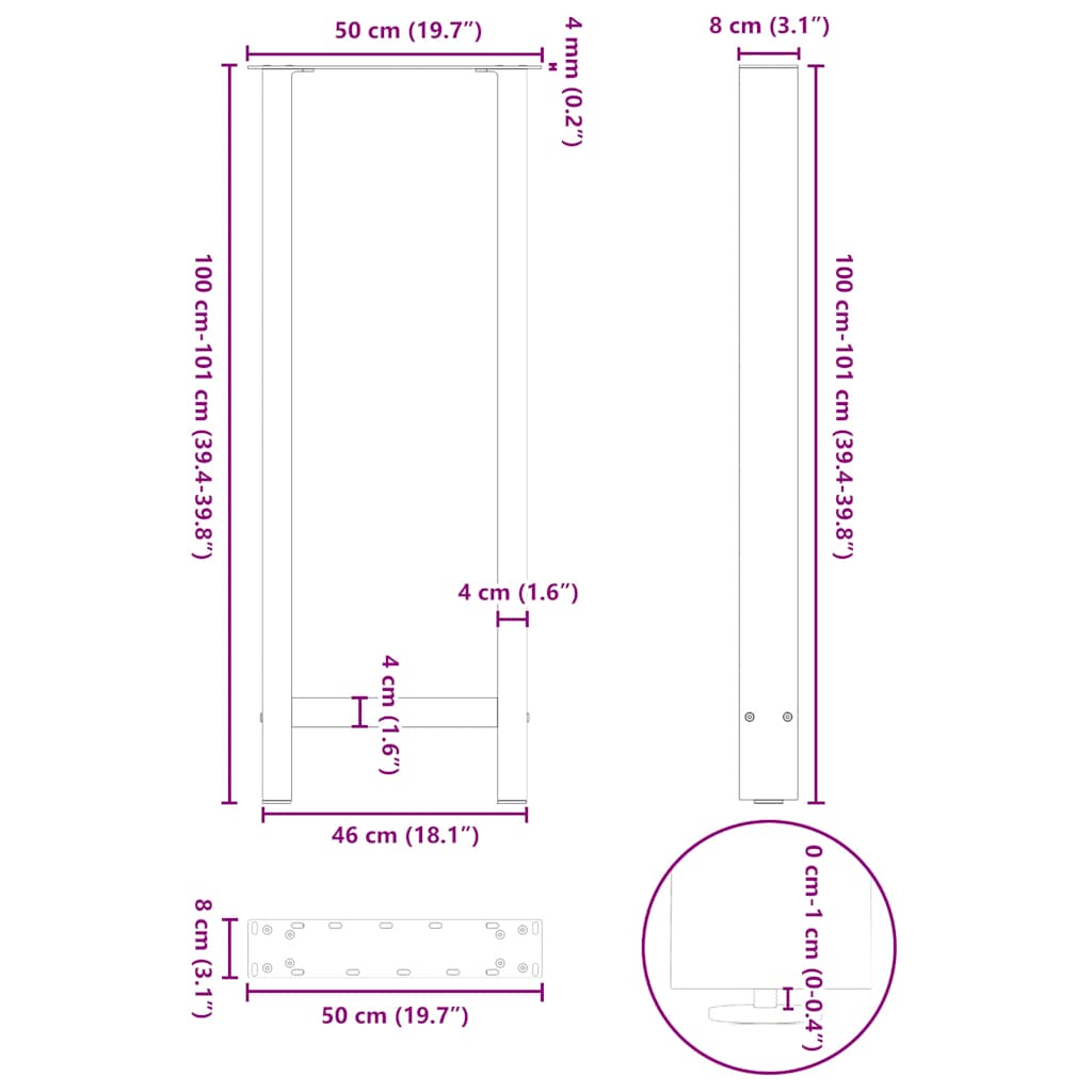 Barbordben naturstål 2 stk 50x(100-101) cm stål