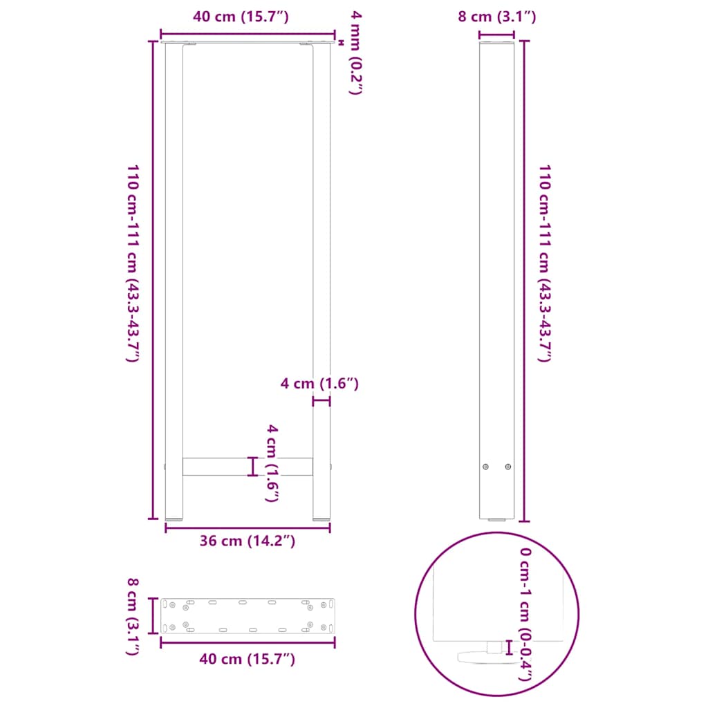Barbordben hvite 2 stk 40x(110-111) cm stål