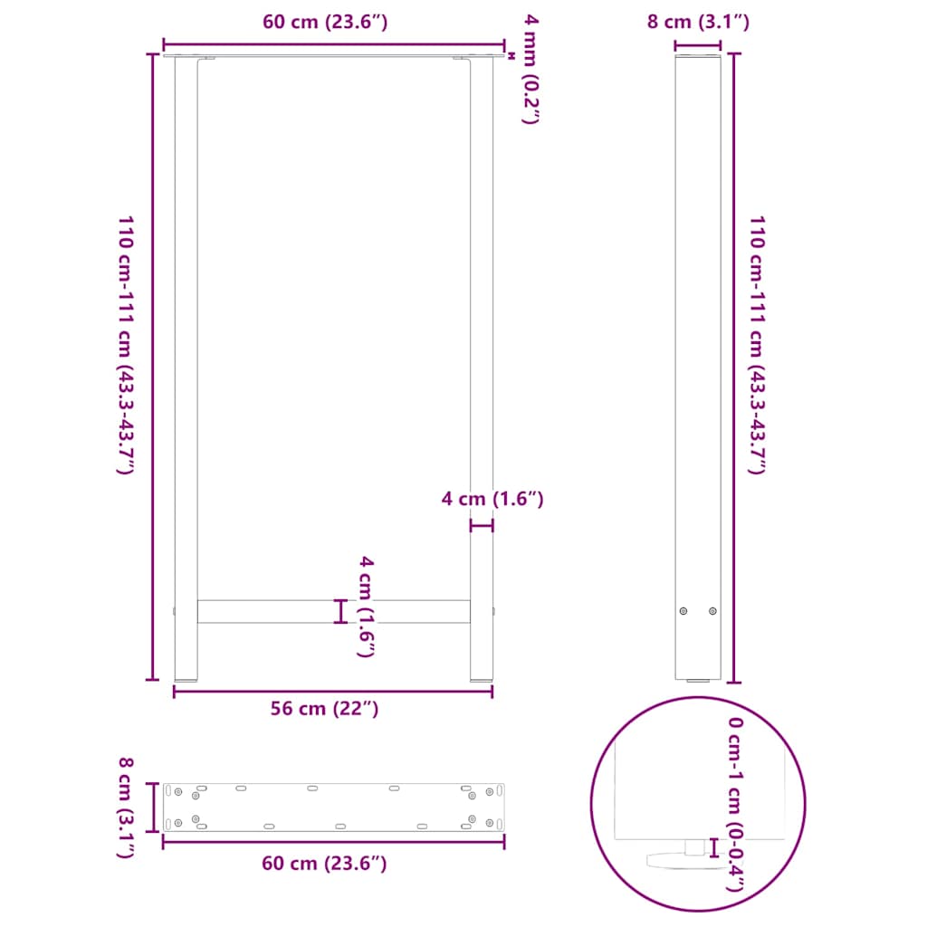 Barbordben naturstål 2 stk 60x(110-111) cm stål