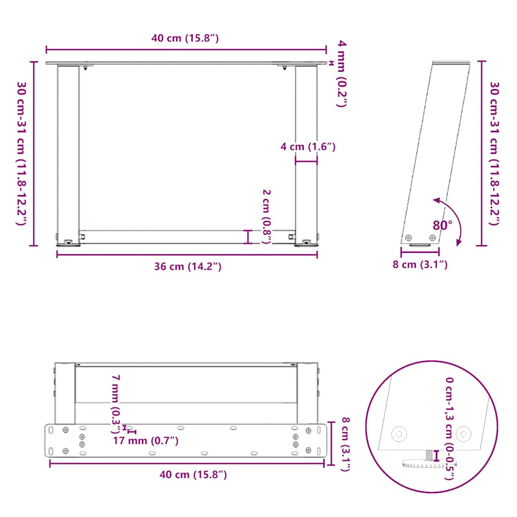 Salongbordben U-formet 2 stk hvit 40x(30-31) cm stål