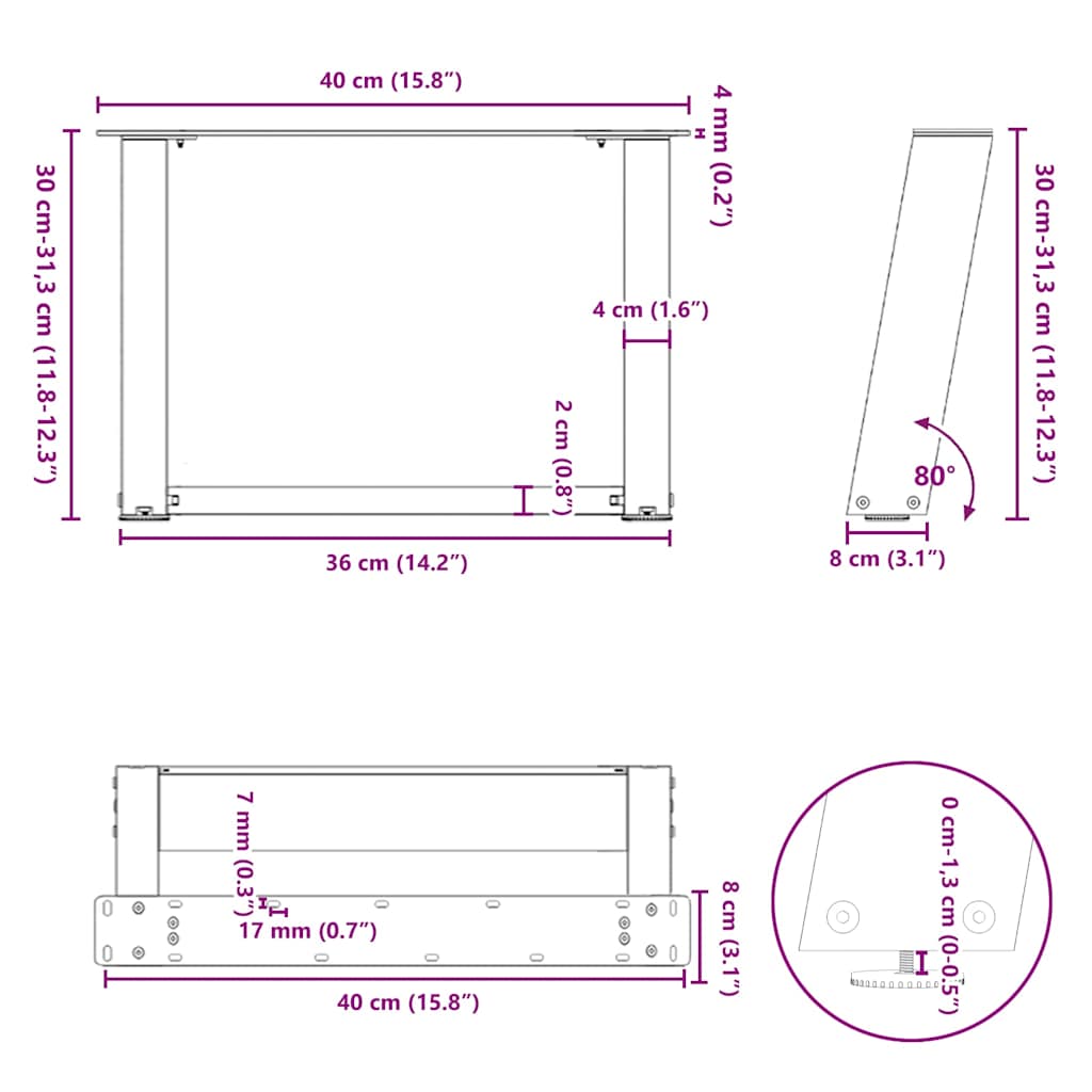 Salongbordben U-formet 2 stk antrasitt 40x(30-31) cm stål