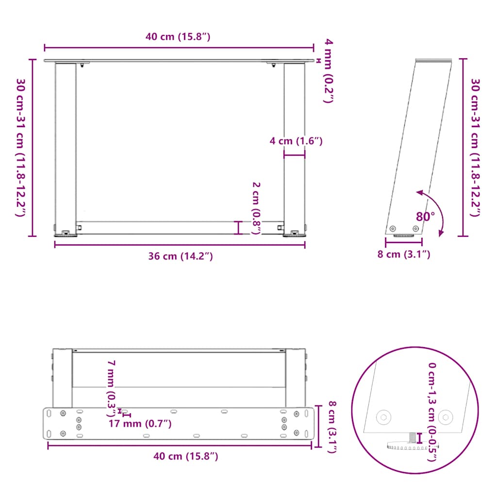 Salongbordben U-formet 2 stk naturstål 40x(30-31) cm stål