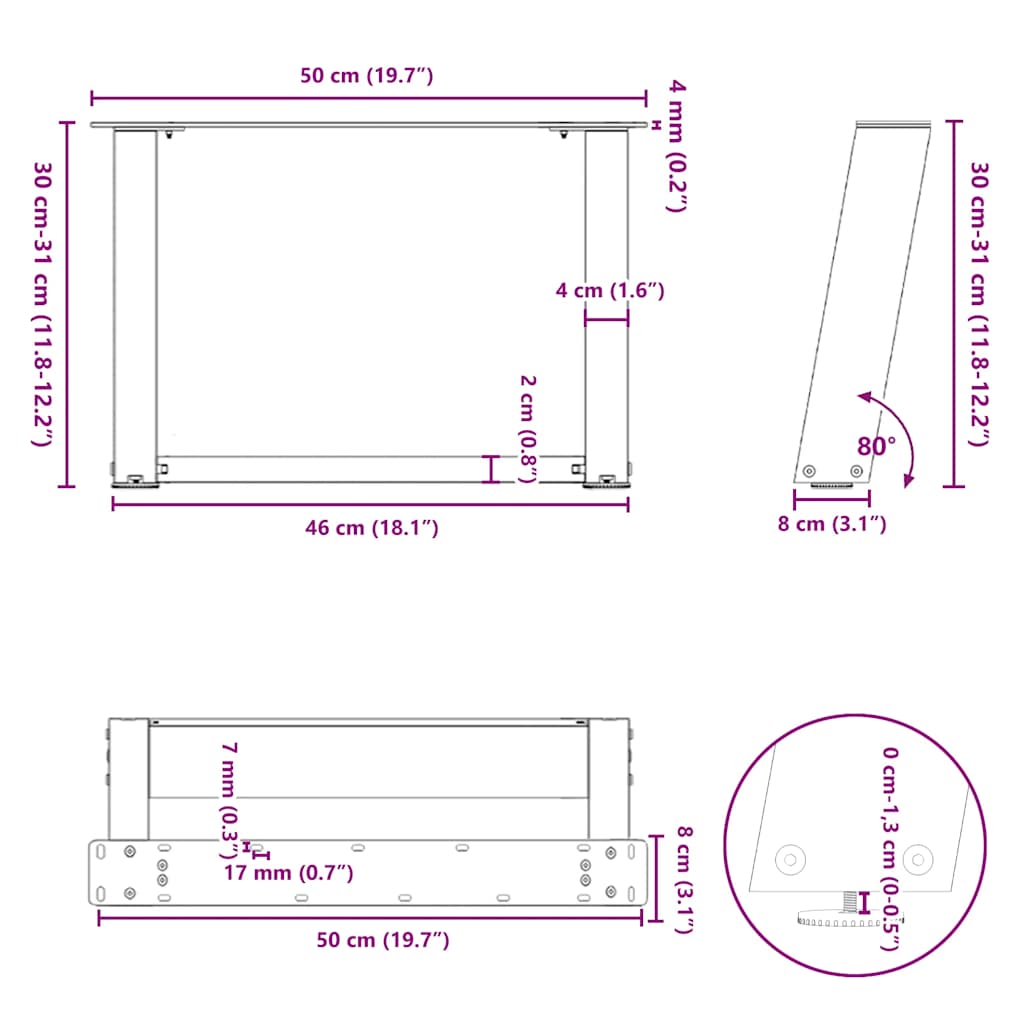 Salongbordben U-formet 2 stk naturstål 50x(30-31) cm stål