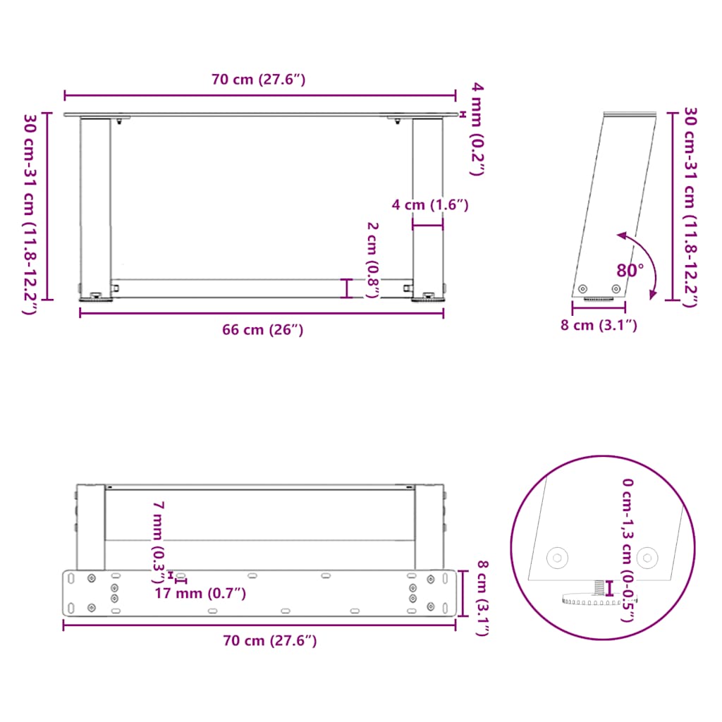 Salongbordben U-formet 2 stk svart 70 x (30-31) cm stål