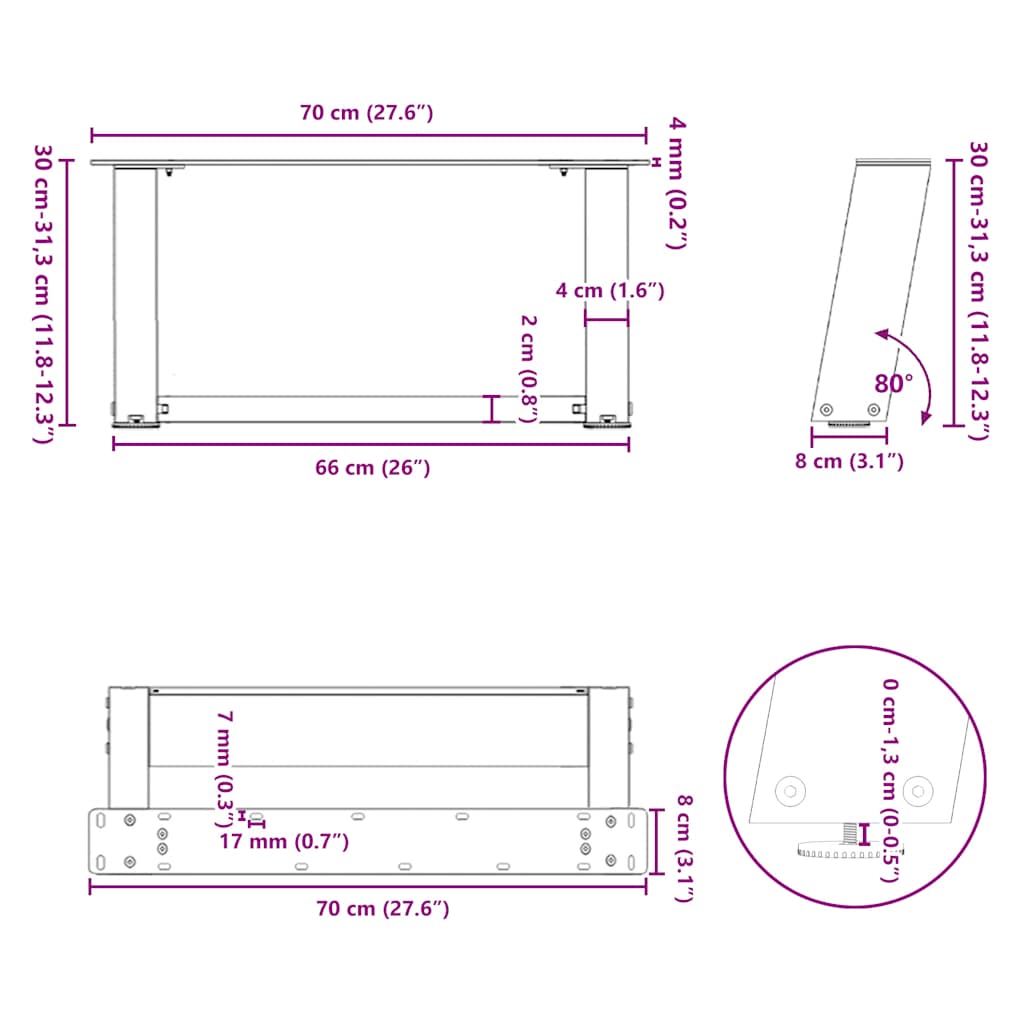 Salongbordben U-formet 2 stk naturstål 70 x (30-31) cm stål