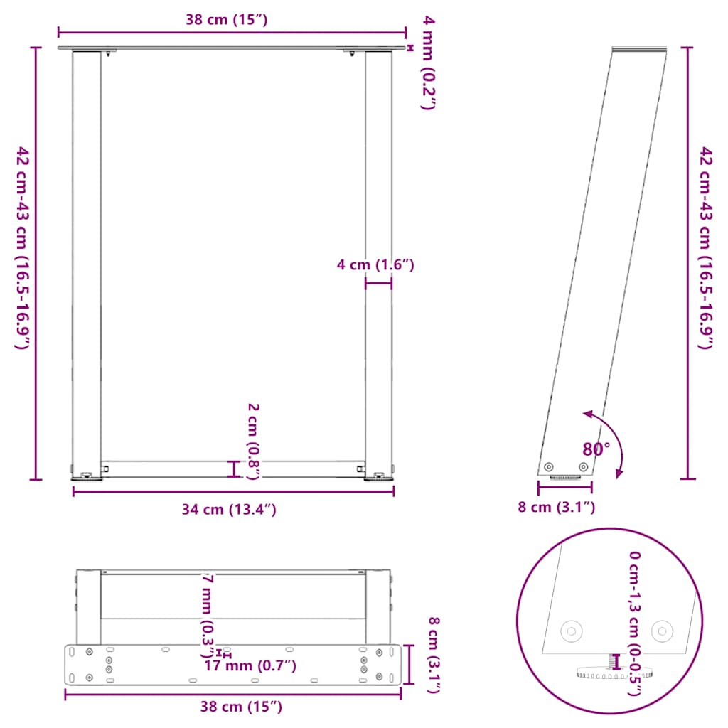 Salongbordben U-formet 2 stk hvit 38 x (42-43) cm stål