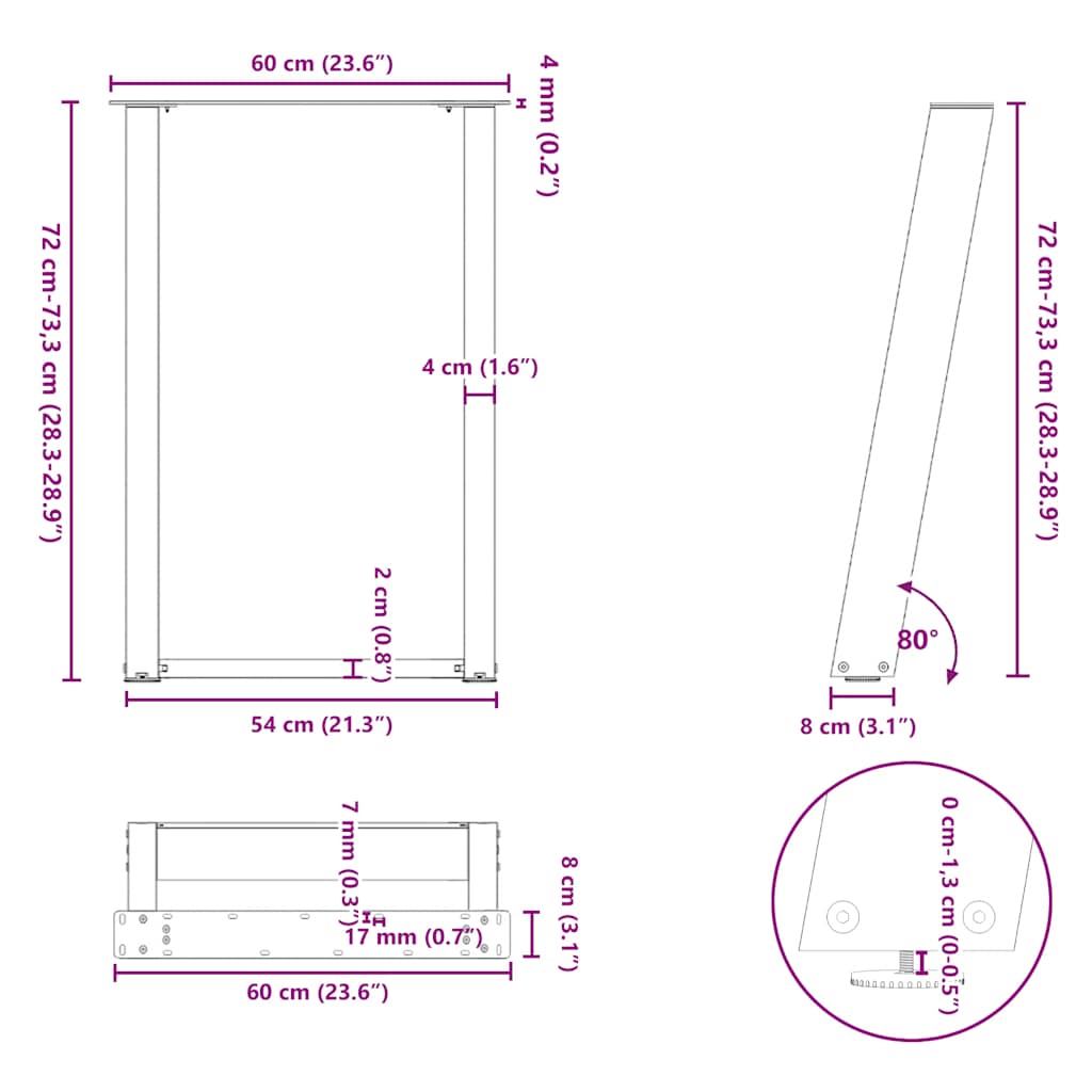 Spisebordben U-formet 2 stk hvit 60 x (72-73) cm stål