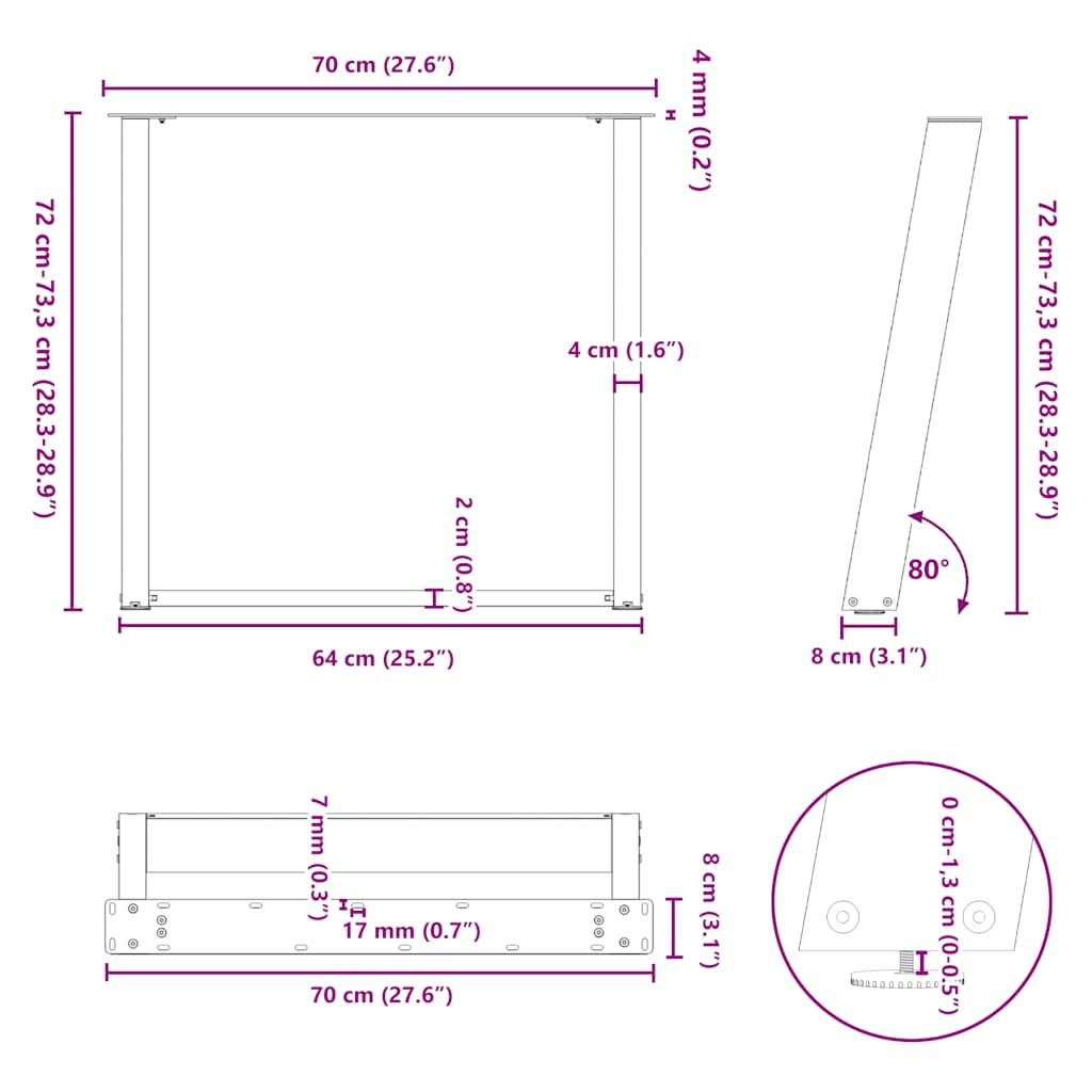 Spisebordben U-formet 2 stk antrasitt 70 x (72-73) cm stål