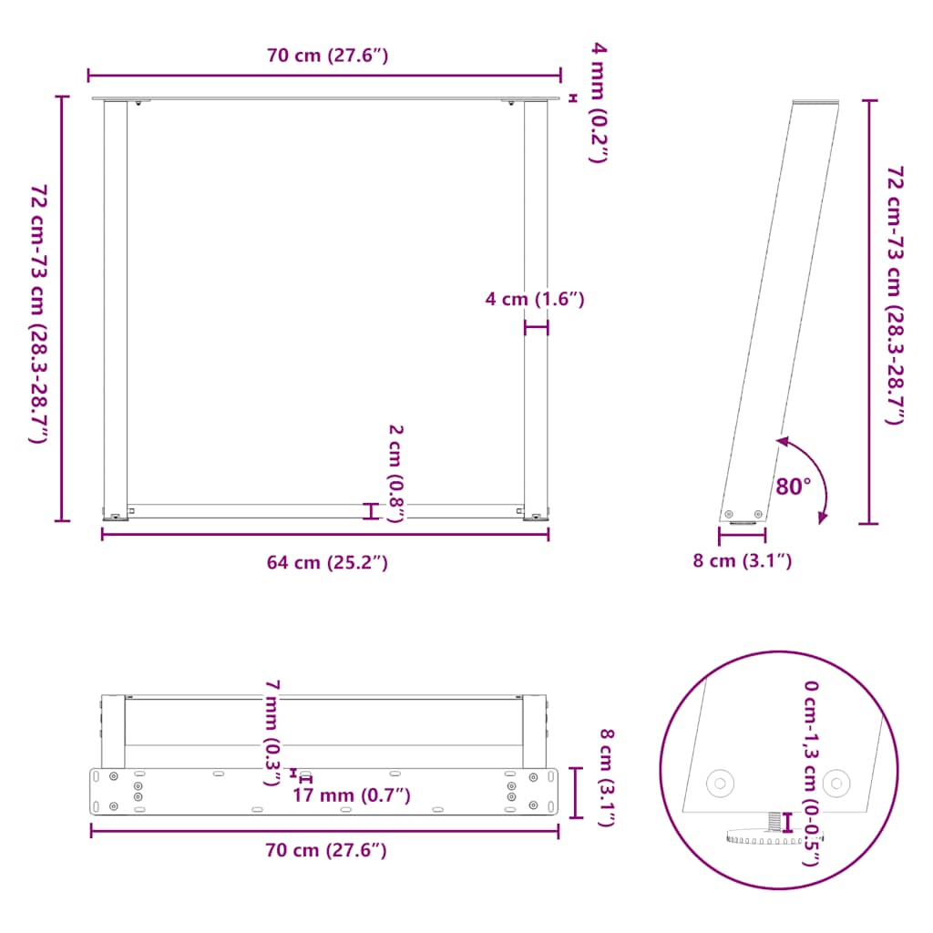 Spisebordben U-formet 2 stk naturstål 70 x (72-73) cm stål