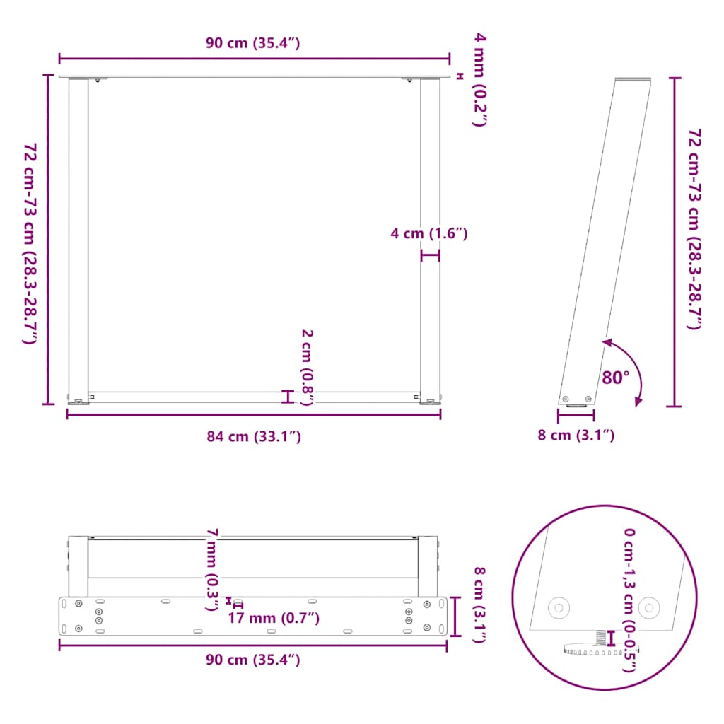 Spisebordben U-formet 2 stk svart 90 x (72-73) cm stål
