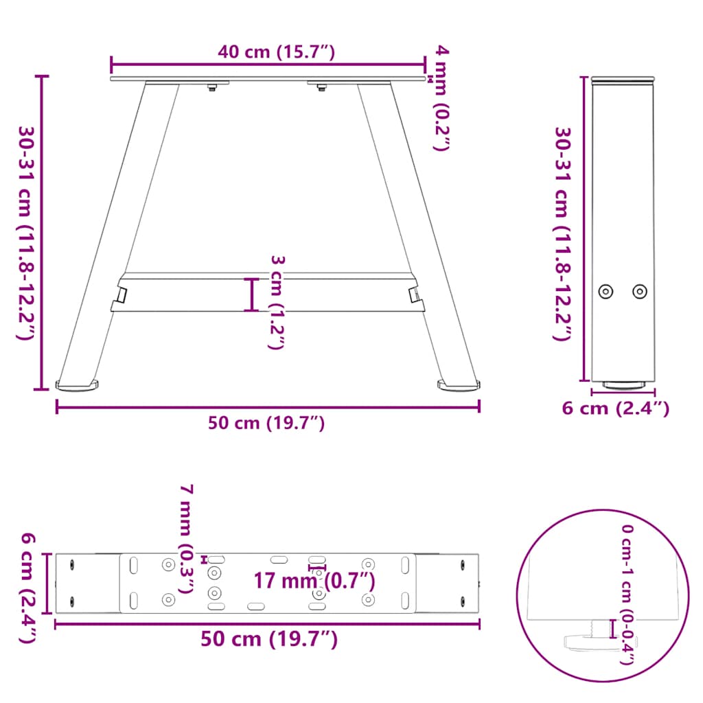 Salongbordben A-formet 2 stk 50x(30-31) cm stål