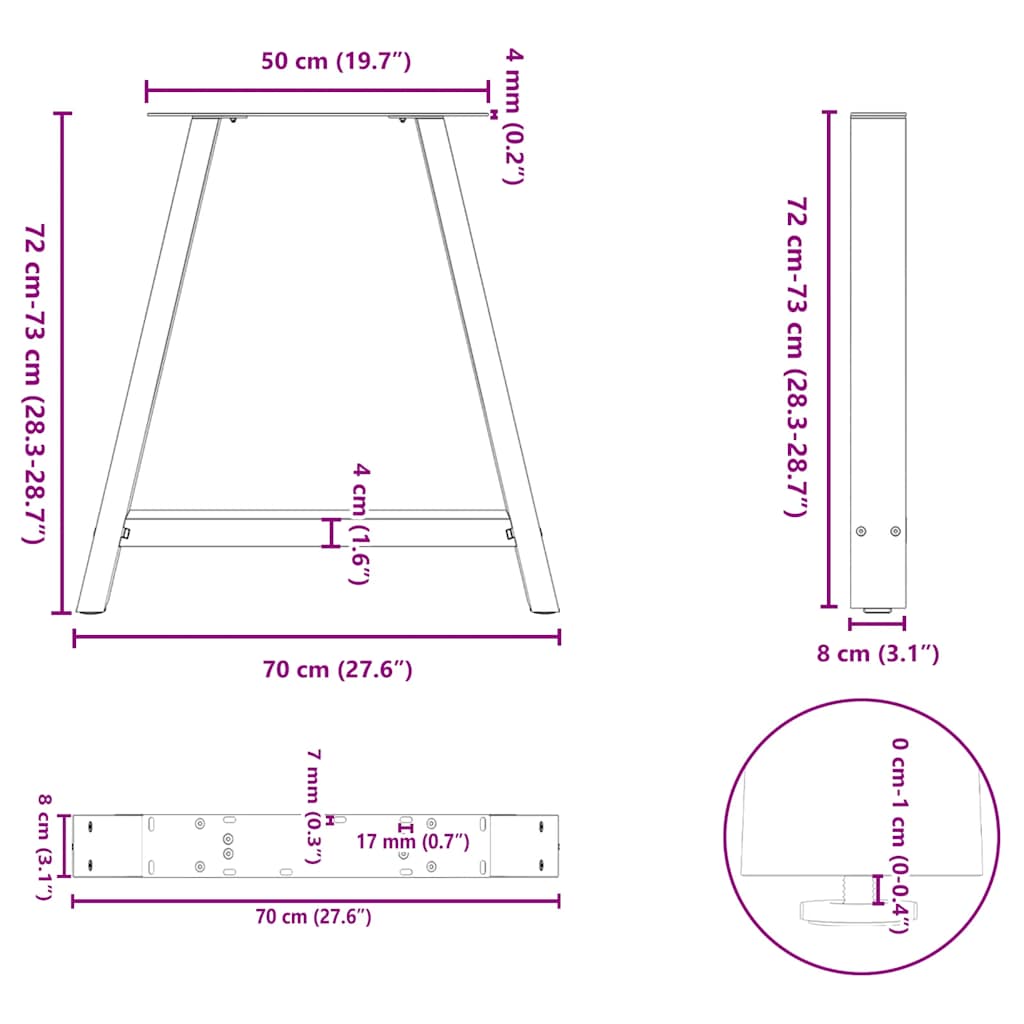 Spisebordben A-formet 2 stk hvit 70 x (72-73) cm stål