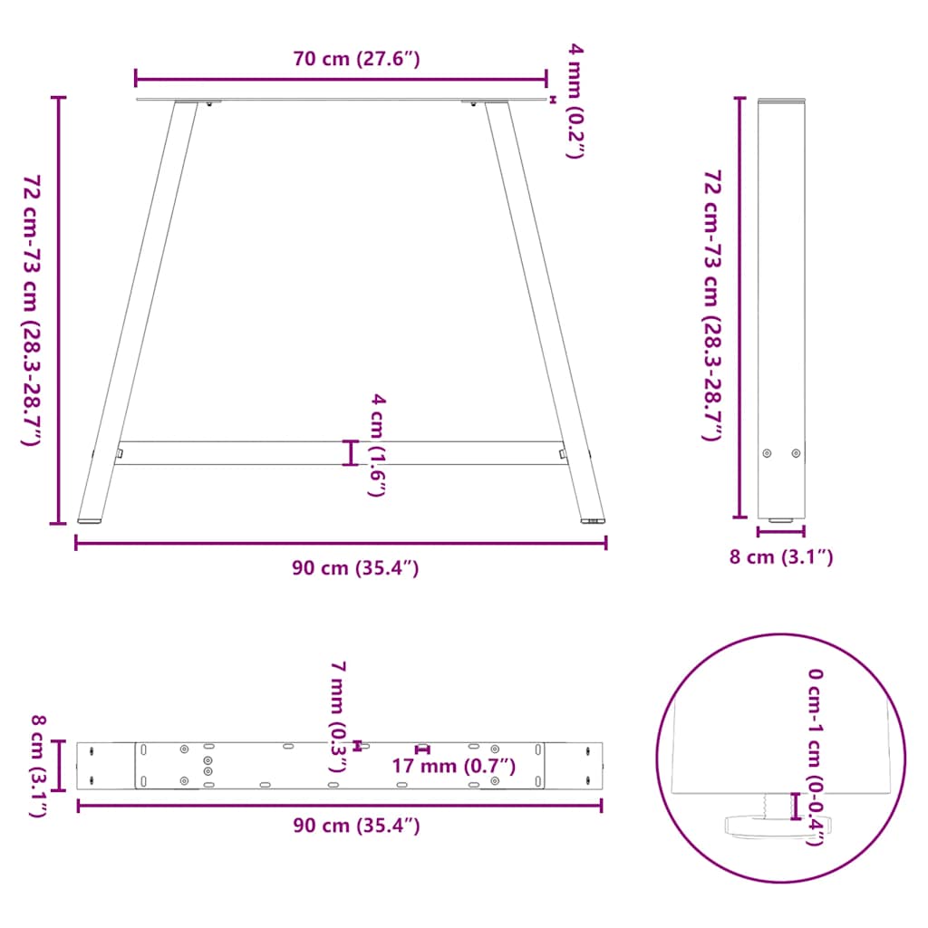Spisebordben A-formet 2 stk hvit 90 x (72-73) cm stål