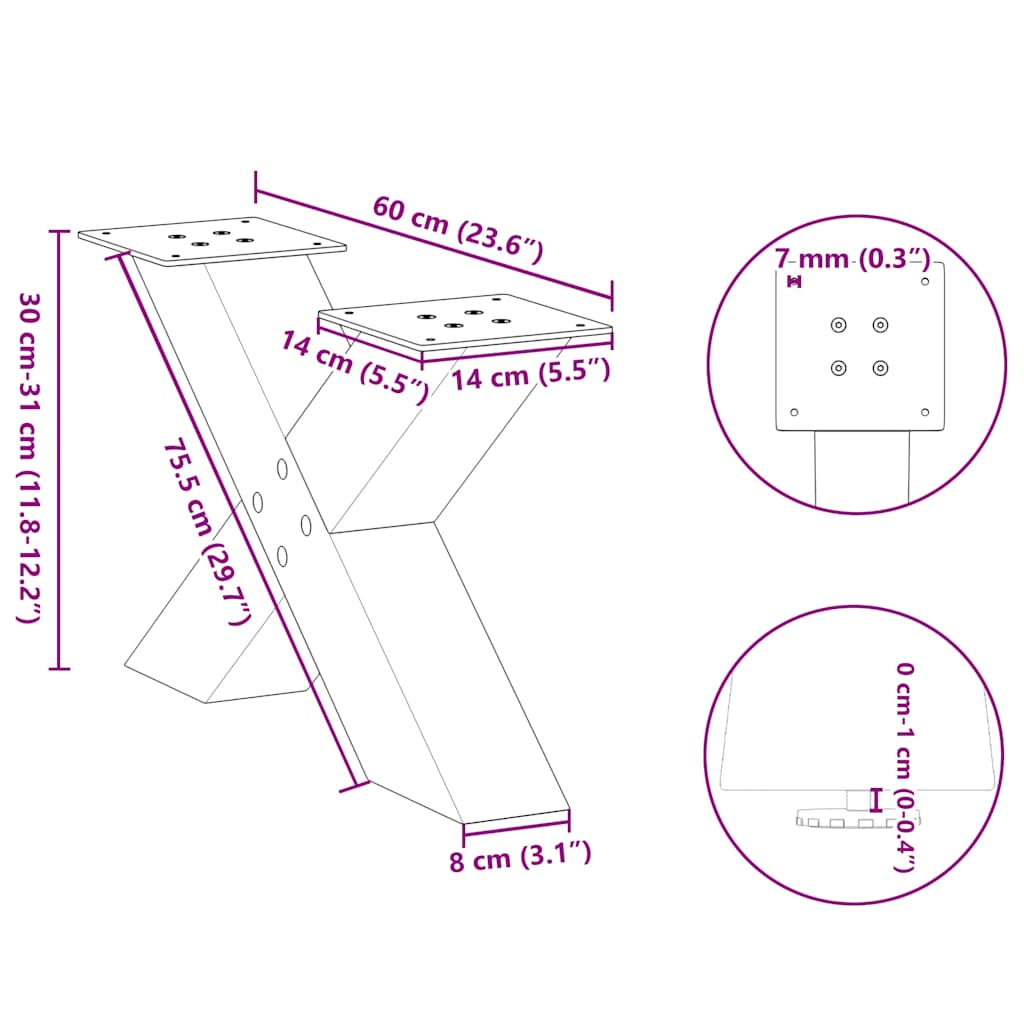 Salongbordben X-formet 2 stk antrasitt 60x(30-31) cm stål