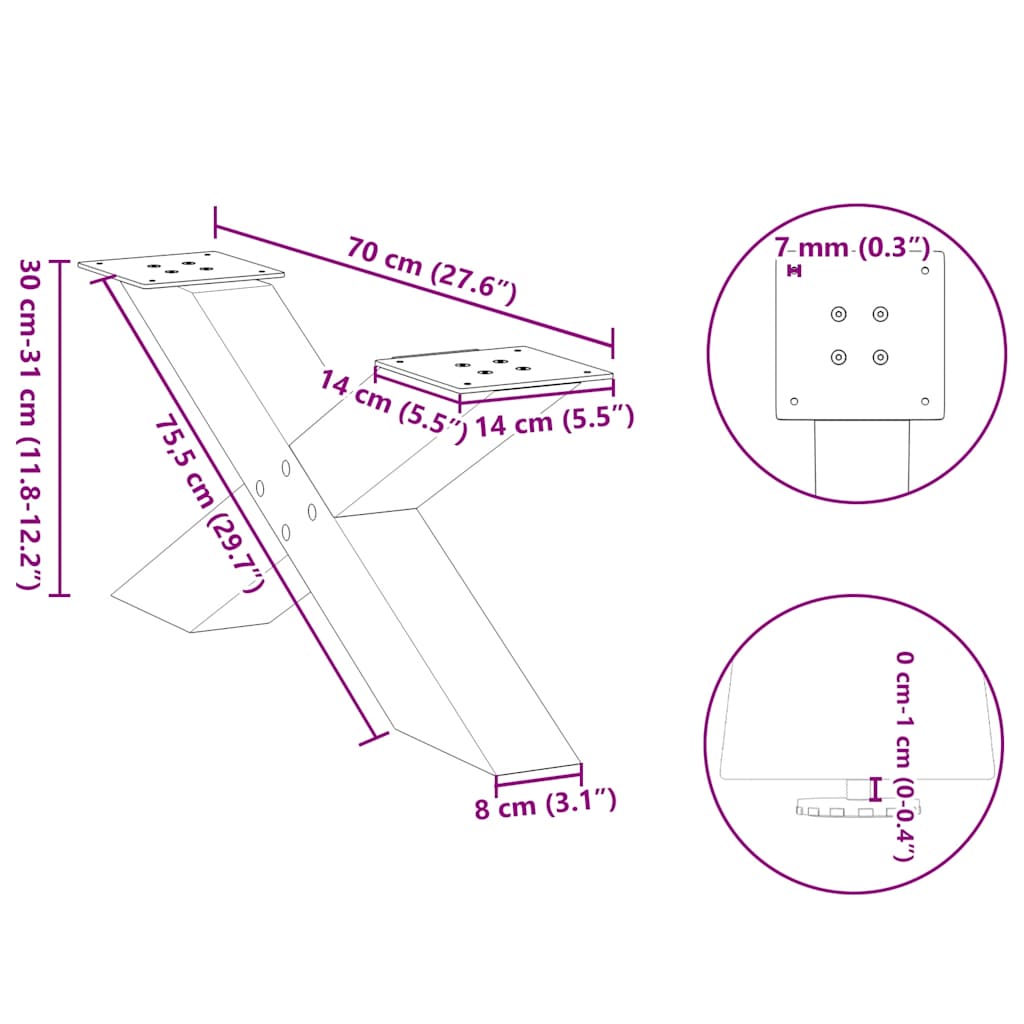Salongbordben X-formet 2 stk hvit 70 x (30-31) cm stål