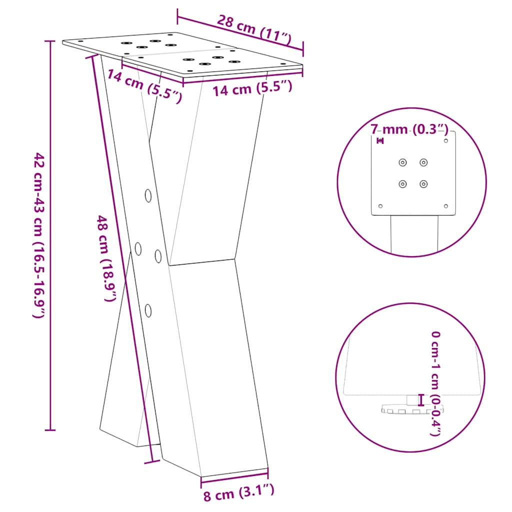 Salongbordben X-formet 2 stk hvit 28 x (42-43) cm stål