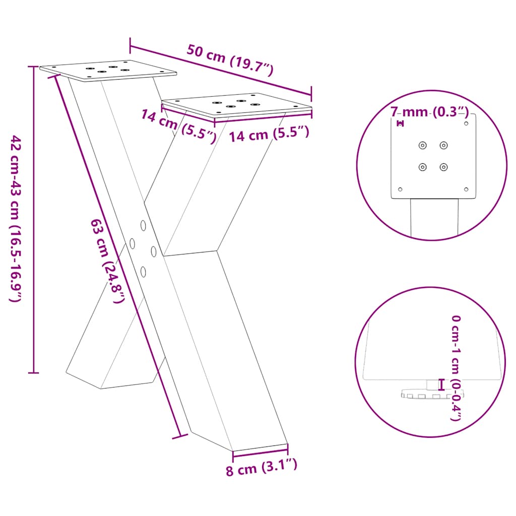 Salongbordben X-formet 2 stk naturstål 50x(42-43) cm stål