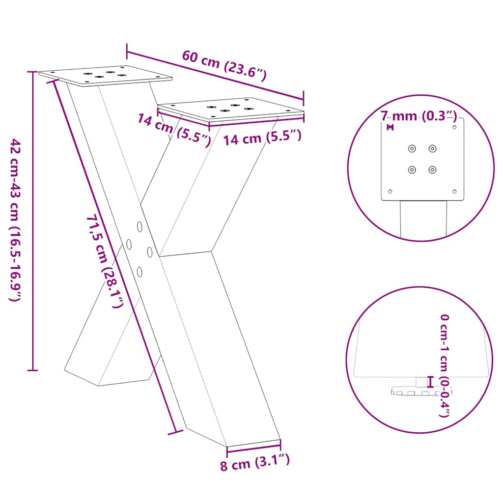 Salongbordben X-formet 2 stk hvit 60 x (42-43) cm stål