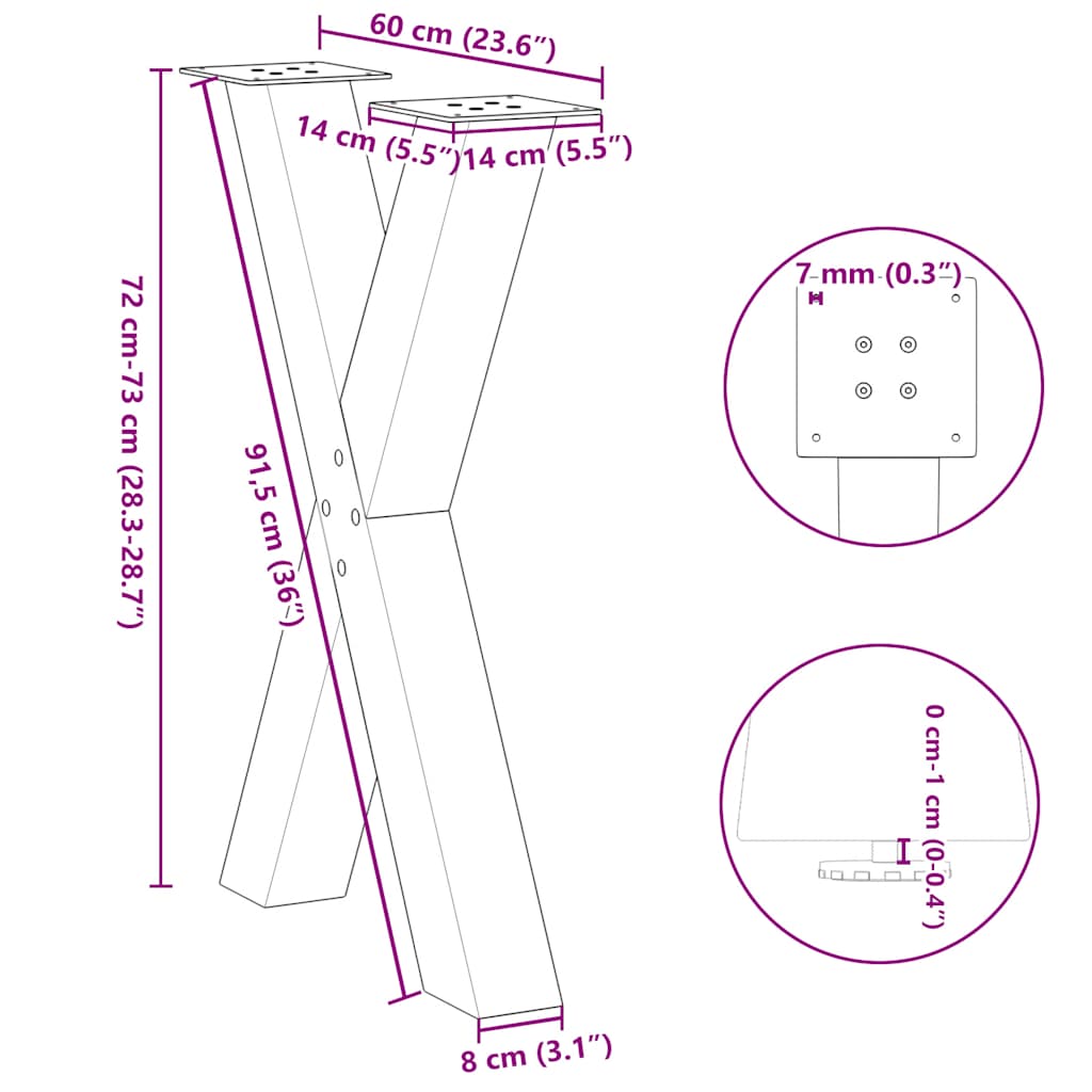 Spisebordben X-formet 2 stk svart 60 x (72-73) cm stål