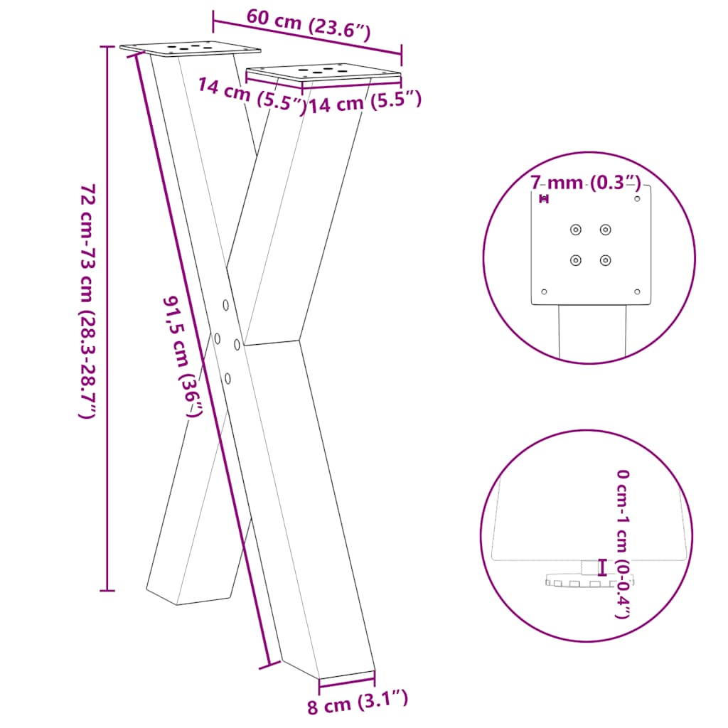 Spisebordben X-formet 2 stk antrasitt 60 x (72-73) cm stål