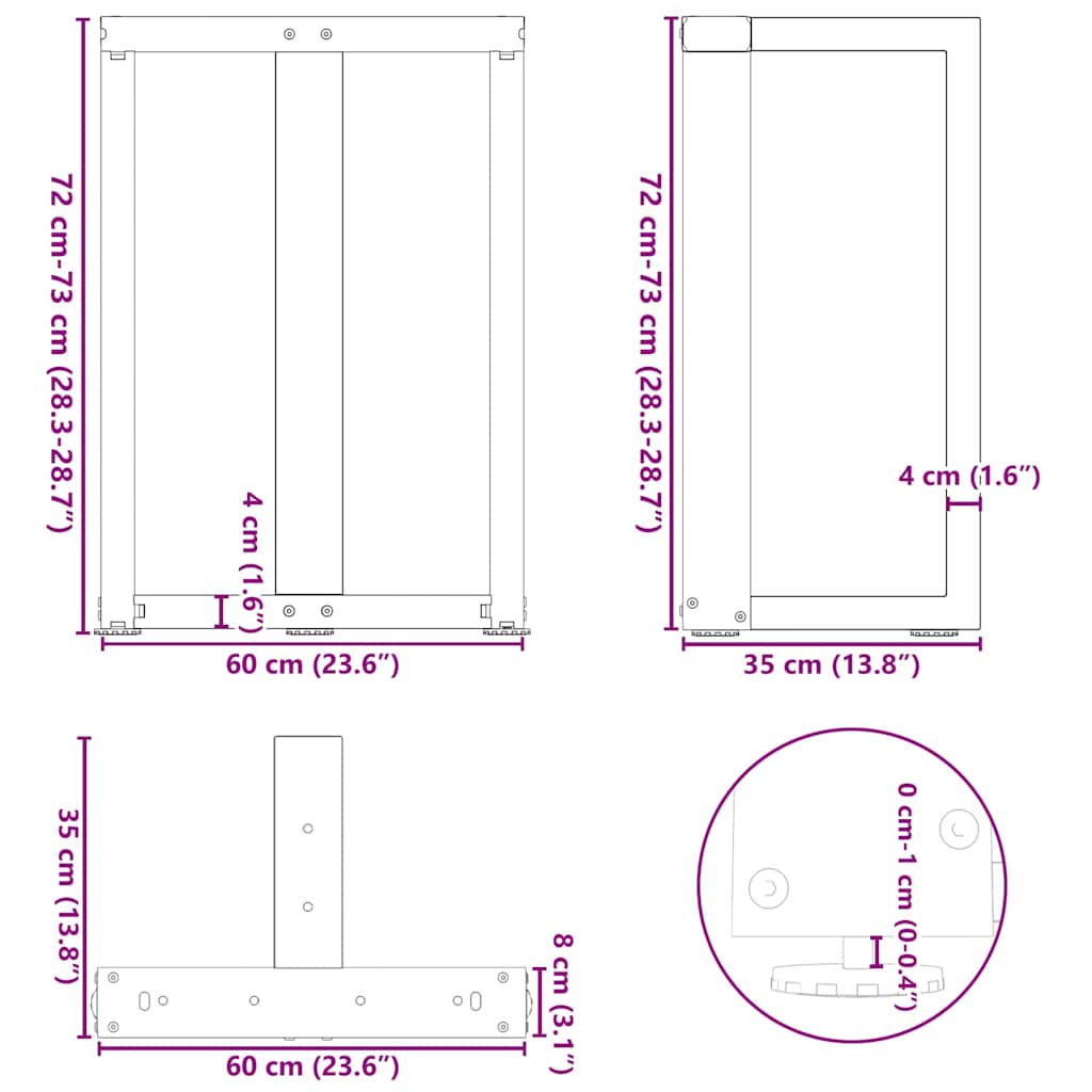 Spisebordben T-formet 2 stk svart 60x35x(72-73) cm stål