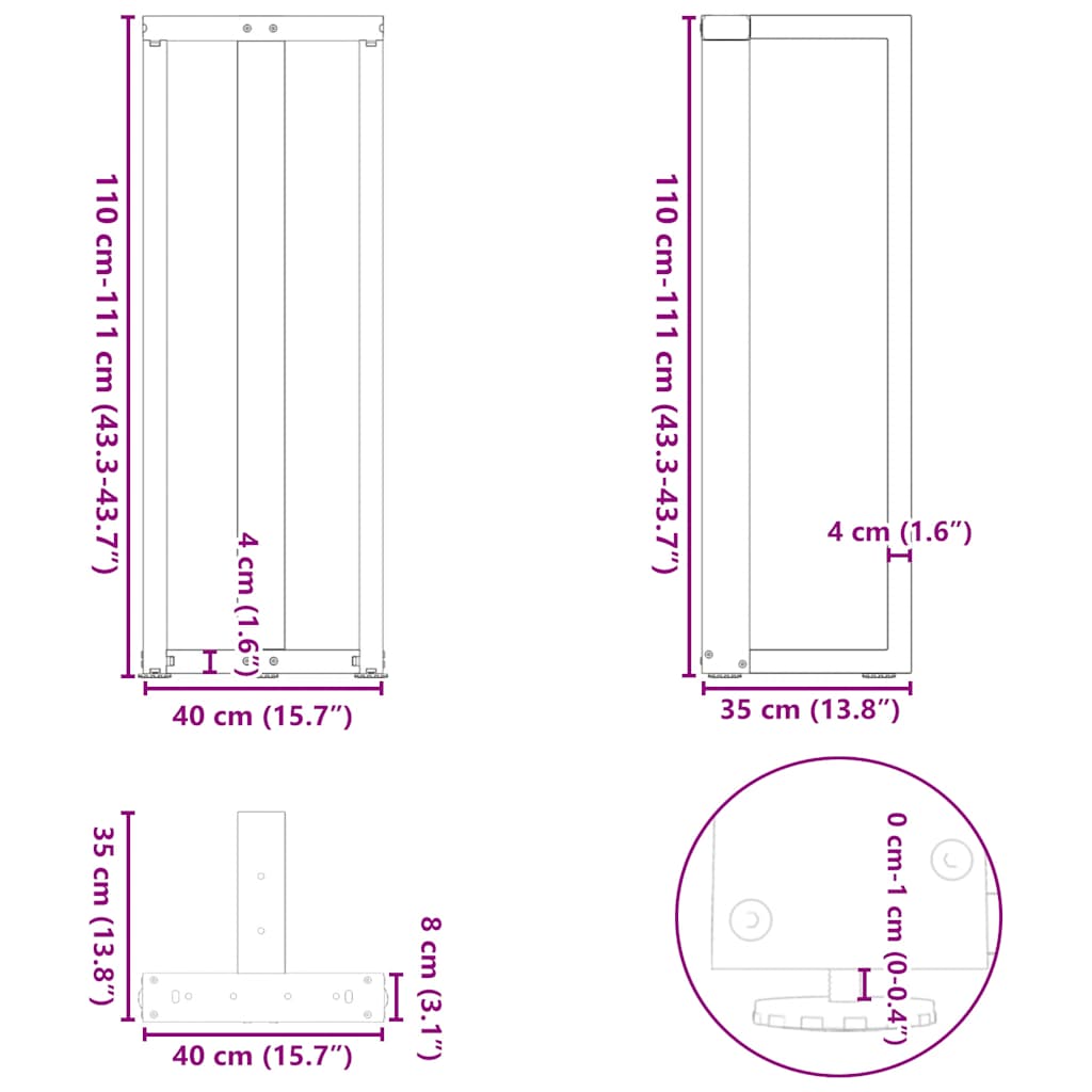 Barbordben T-formet 2 stk hvit 40x35x(110-111) cm stål