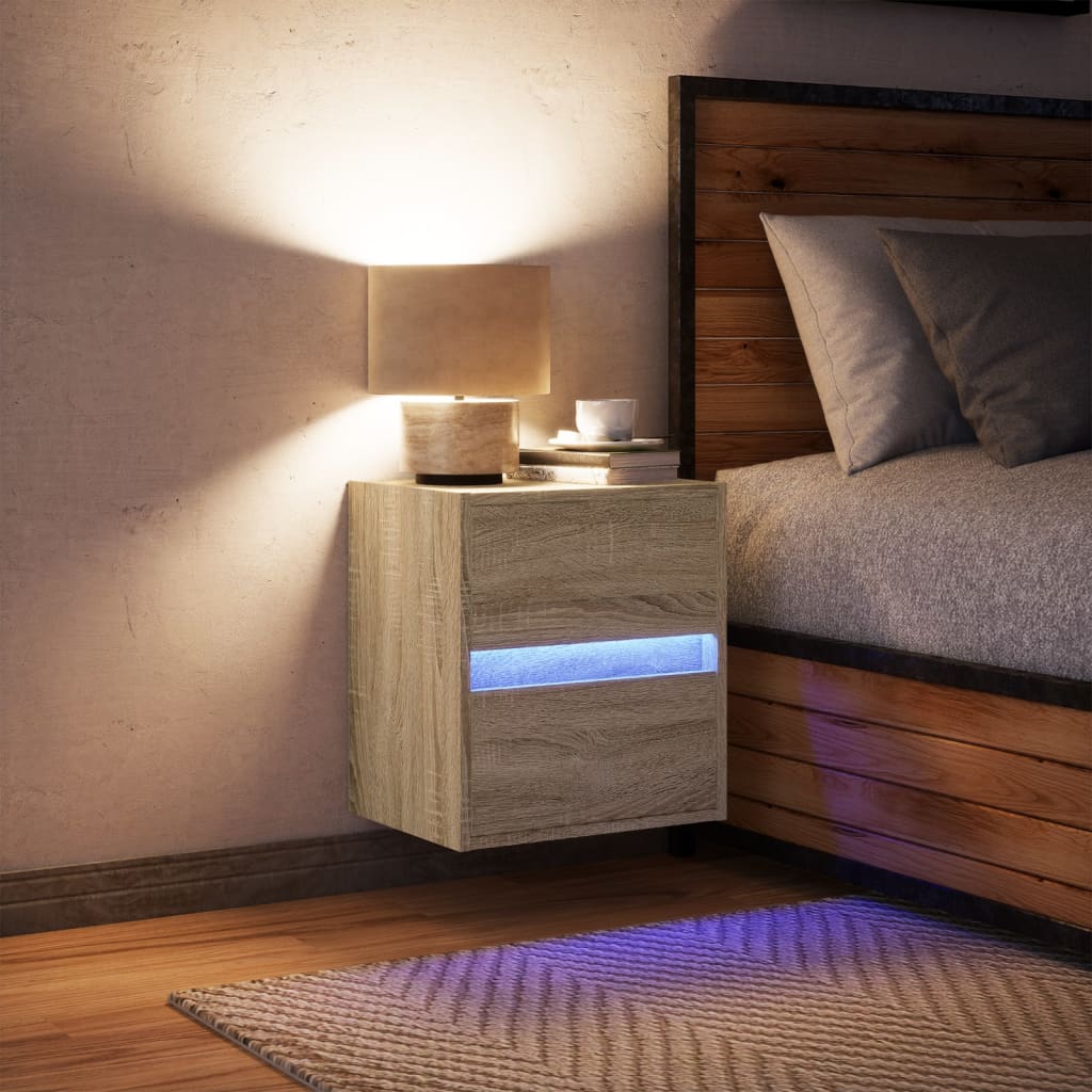 Vegghengt nattbord med LED-lys sonoma eik