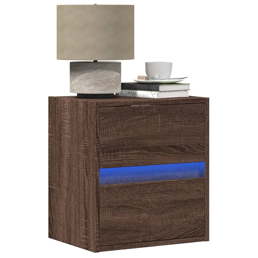 Vegghengte nattbord med LED-lys 2 stk brun eik