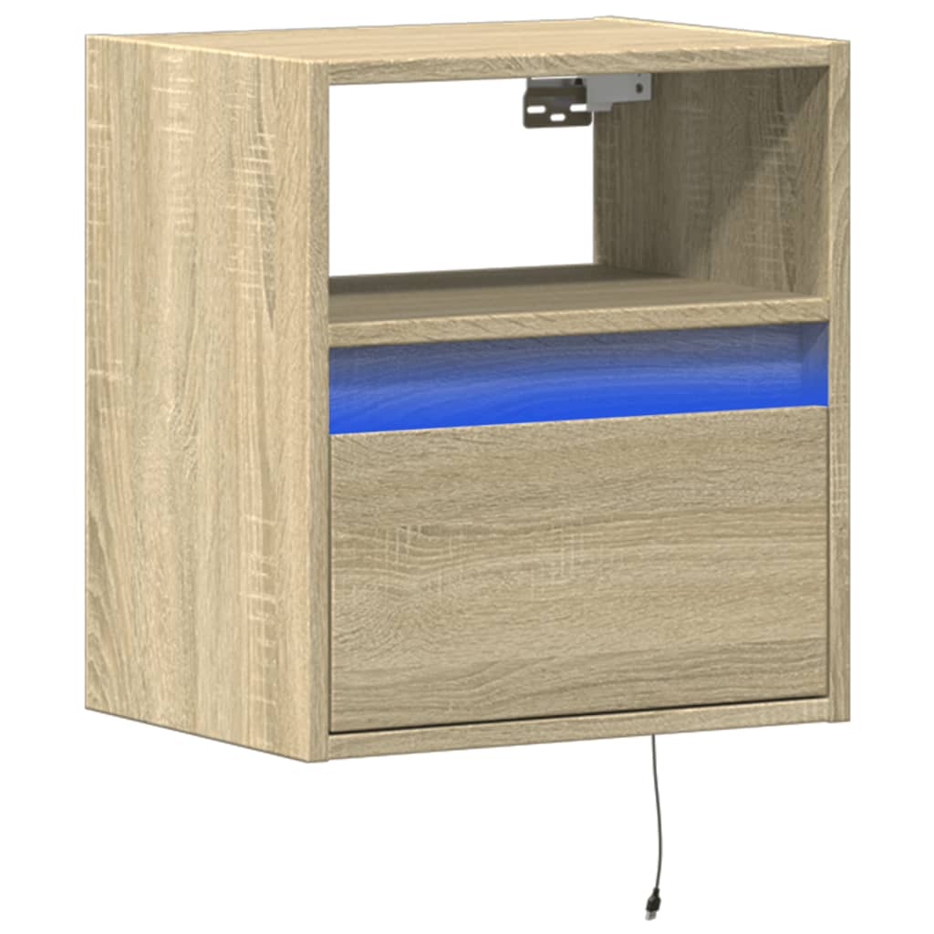 Vegghengt nattbord med LED-lys sonoma eik