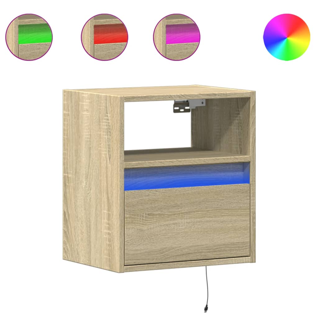 Vegghengte nattbord med LED-lys 2 stk sonoma eik