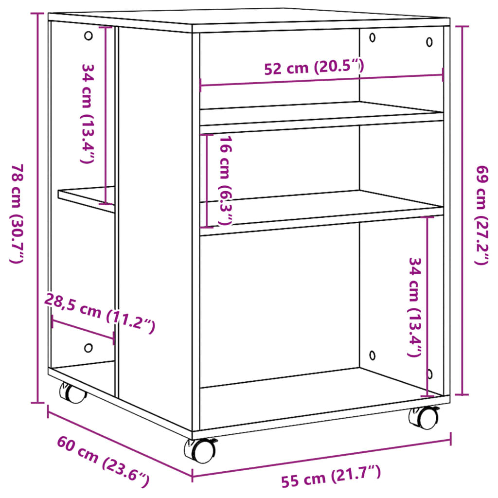 Sidebord med hjul betonggrå 55x60x78 cm konstruert tre