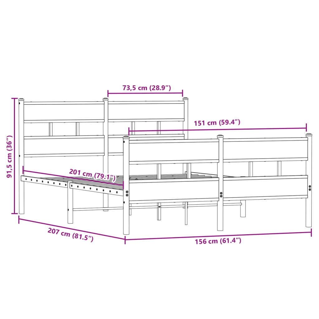 Sengeramme i metall uten madrass røkt eik 150x200 cm