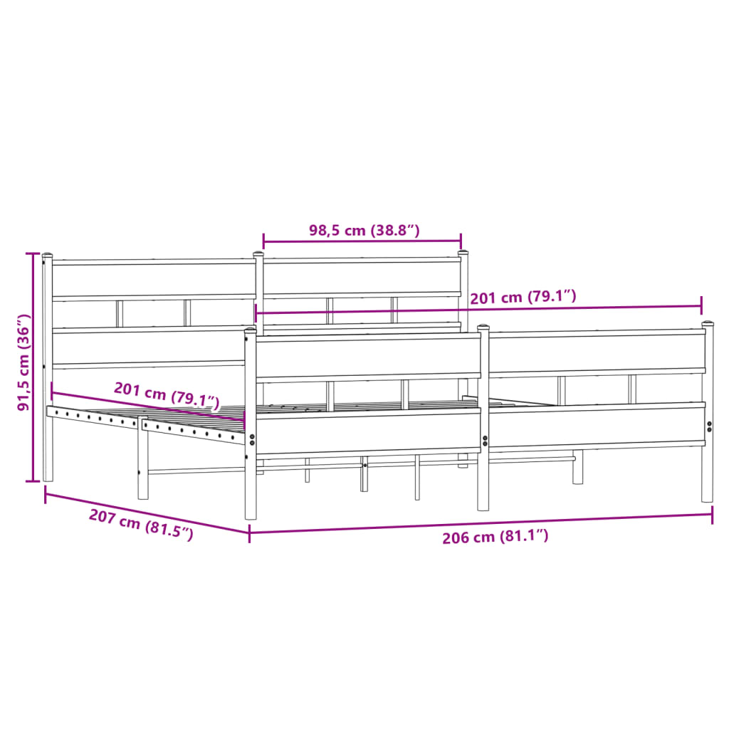 Sengeramme i metall uten madrass røkt eik 200x200 cm