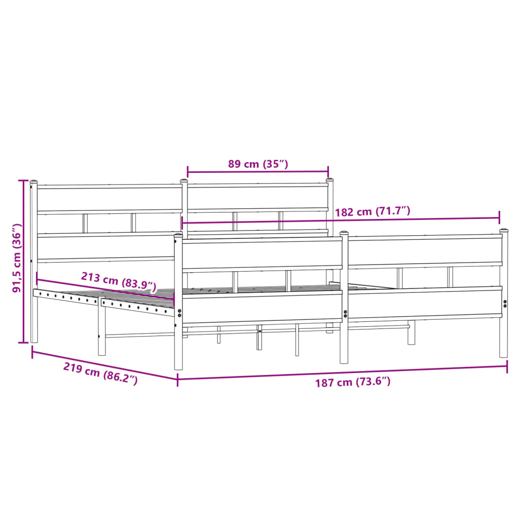Sengeramme i metall uten madrass sonoma eik 183x213 cm