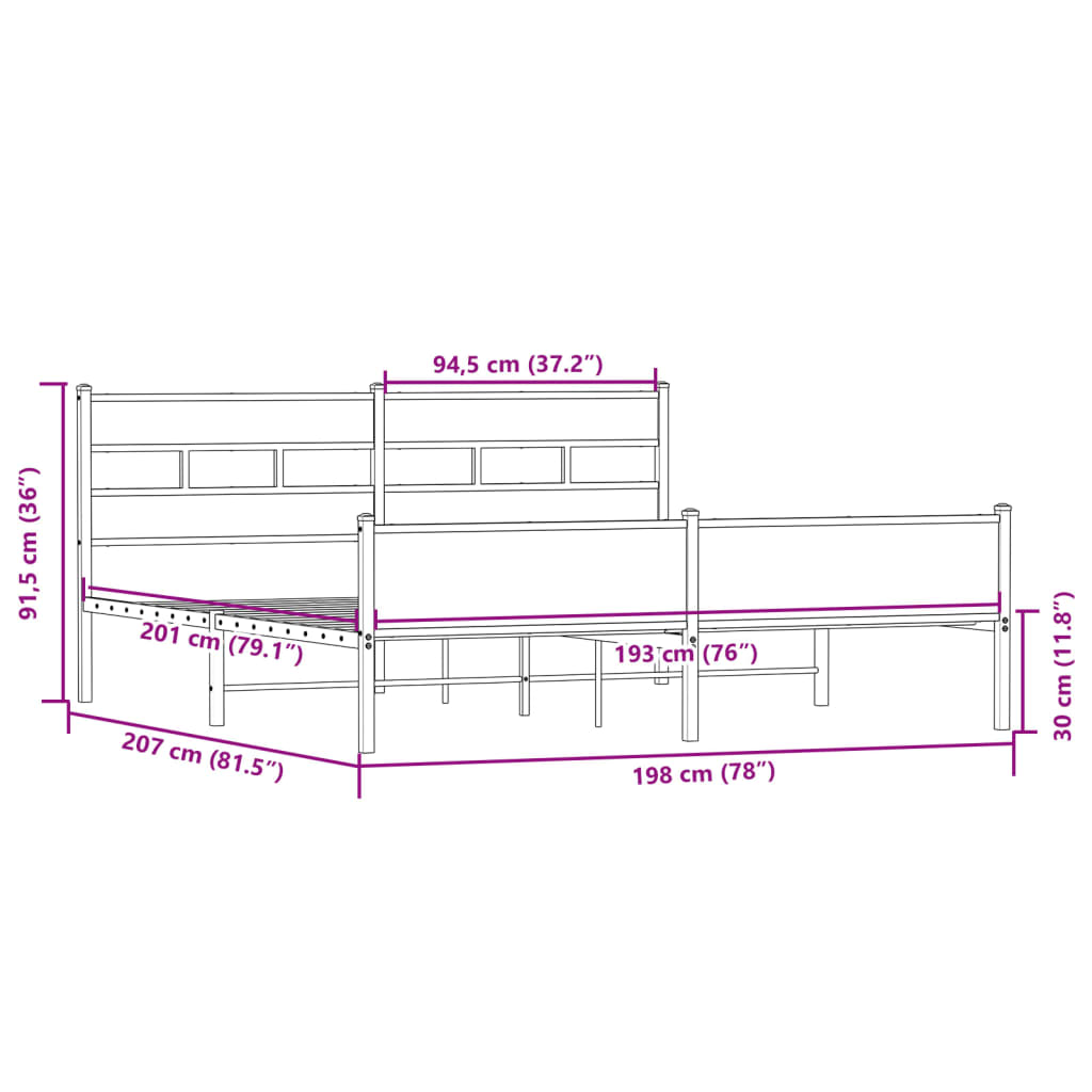 Sengeramme i metall uten madrass sonoma eik 193x203 cm