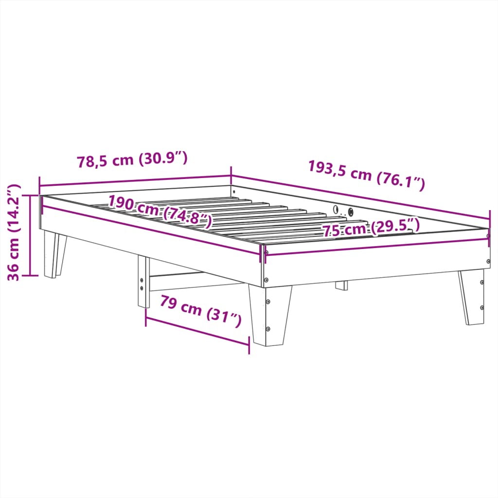 Sengeramme uten madrass voksbrun 75x190 cm heltre furu