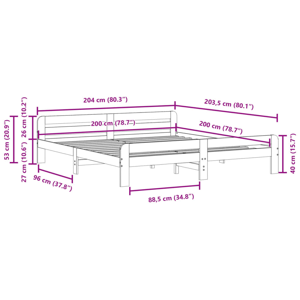 Sengeramme med madrass 200x200 cm heltre furu
