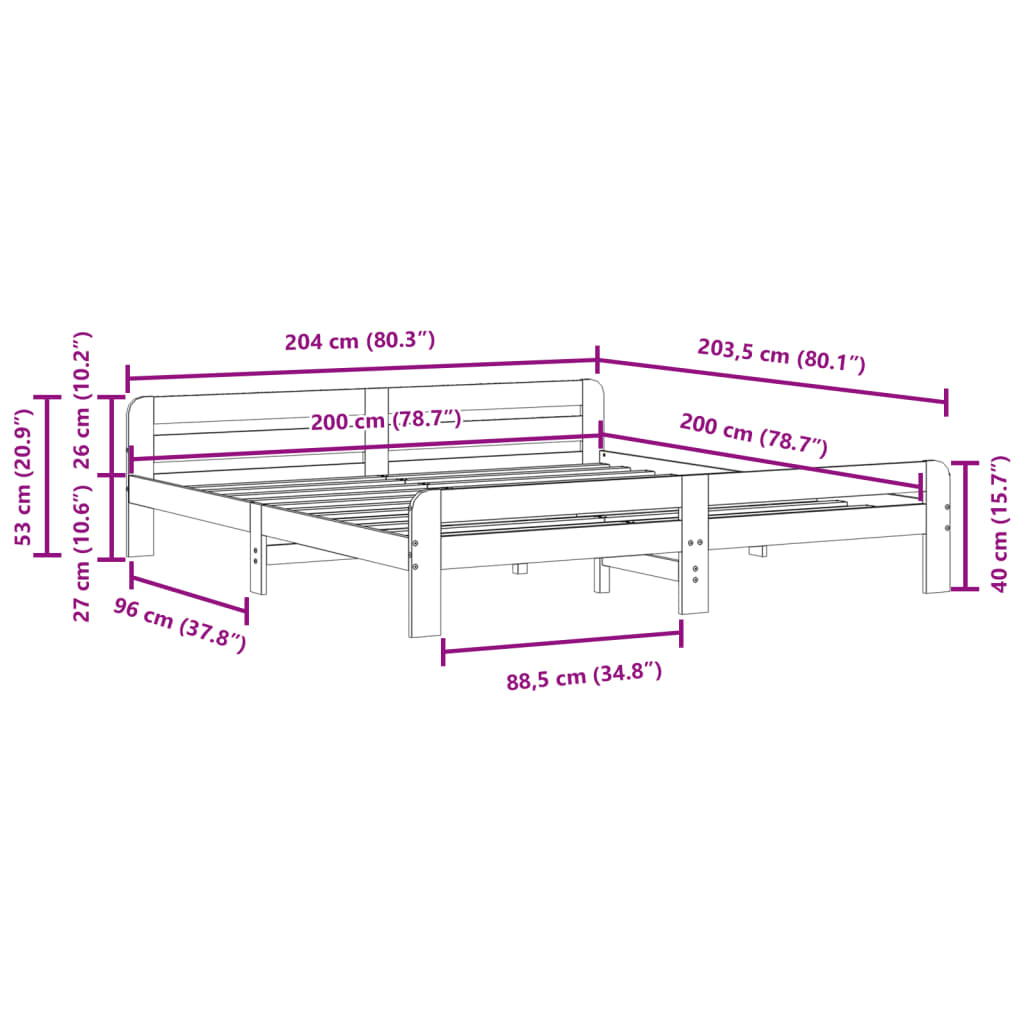 Sengeramme med madrass hvit 200x200 cm heltre furu
